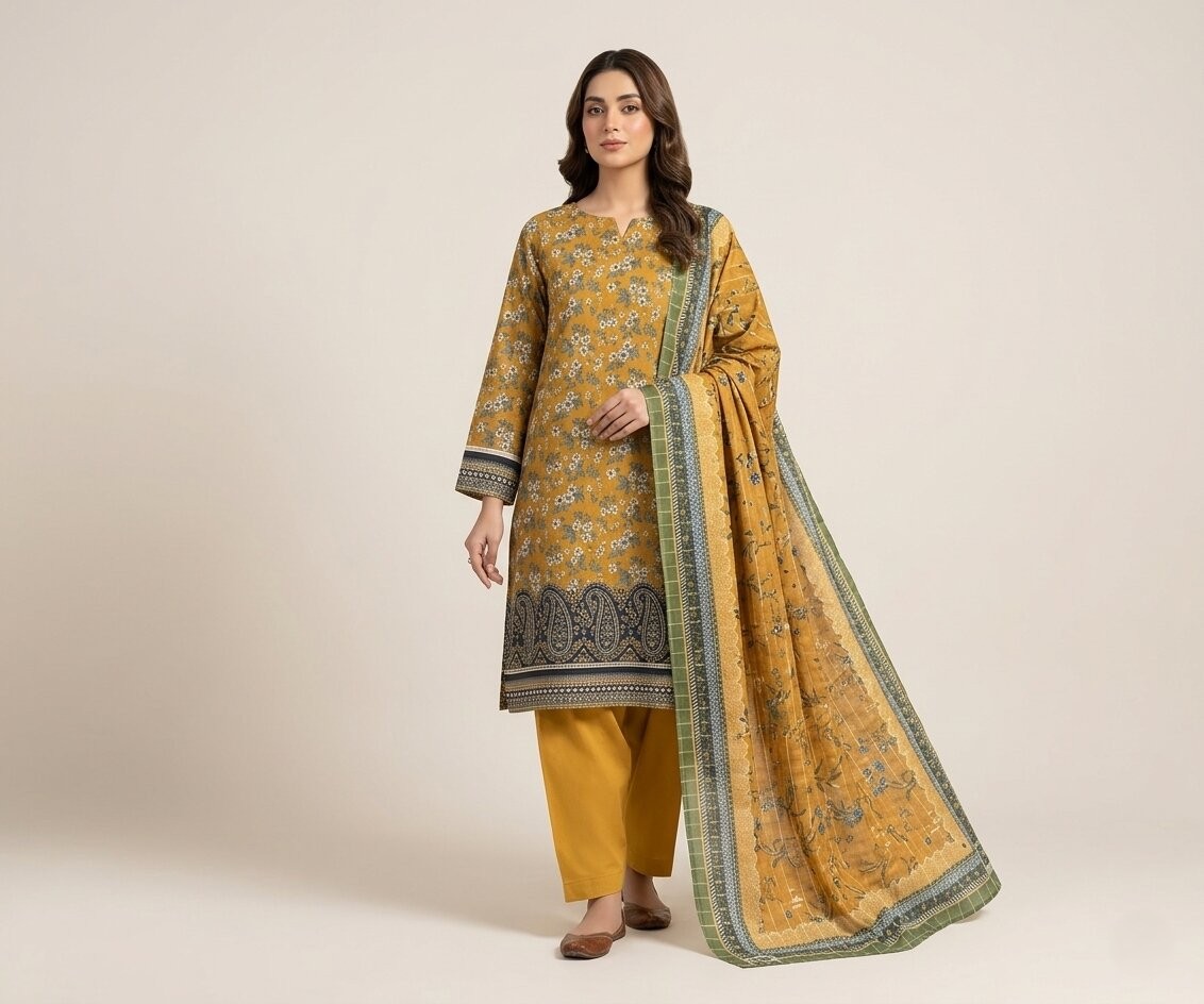 Mustard Printed Lawn Suit 3 Piece with Elegant Border Dupatta – Summer Wear | Aabroowear