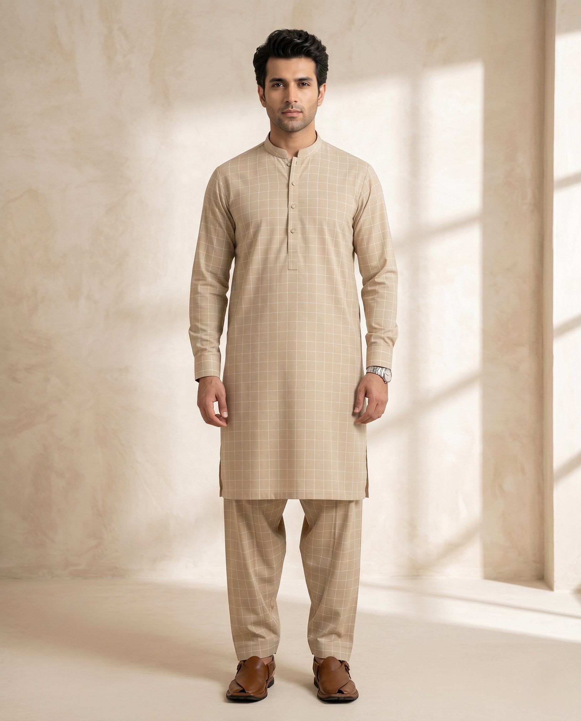 Beige Windowpane Check - Men’s Unstitched Wash & Wear Suit