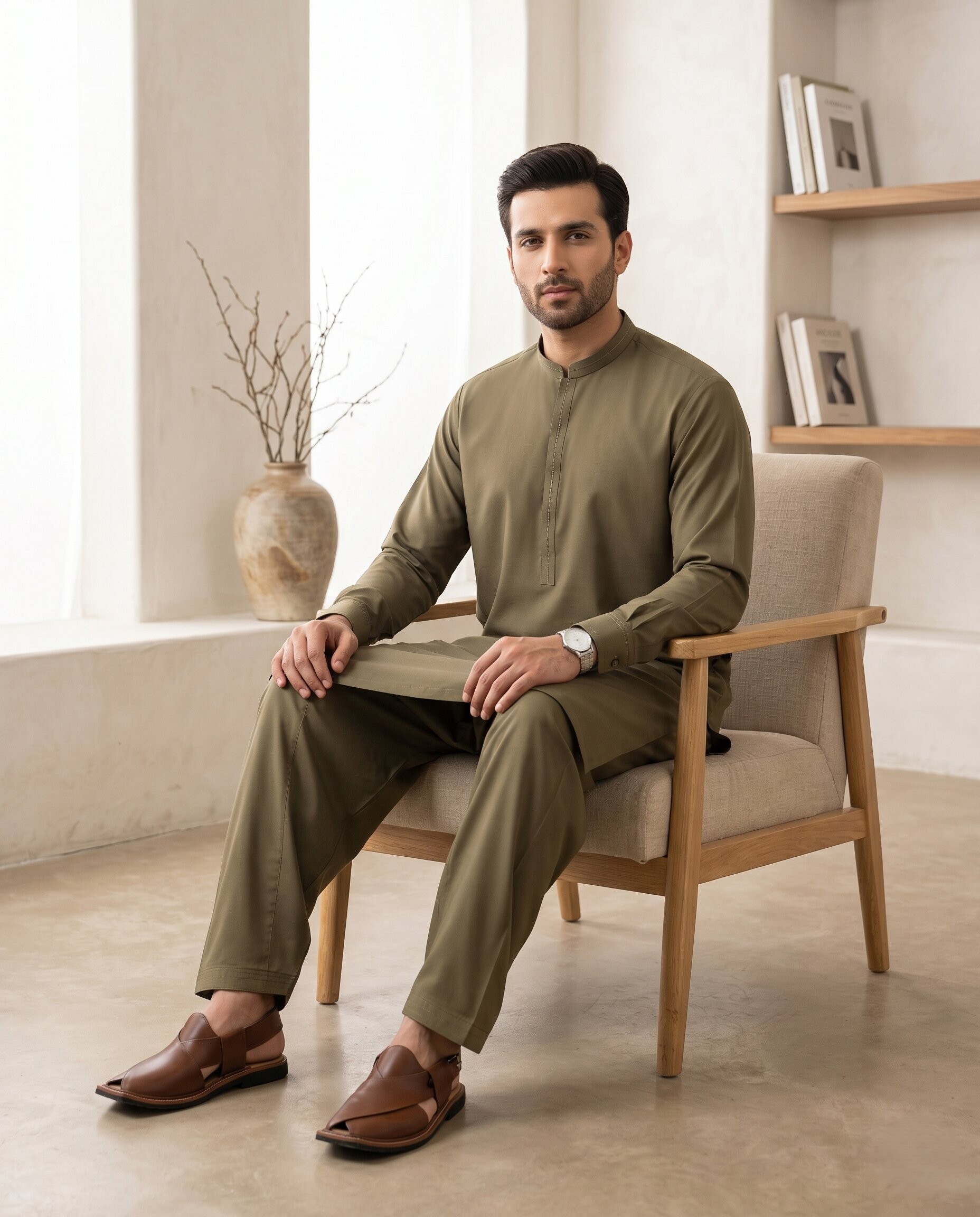 Olive Green Classic Plain - Men’s Unstitched Wash & Wear Suit