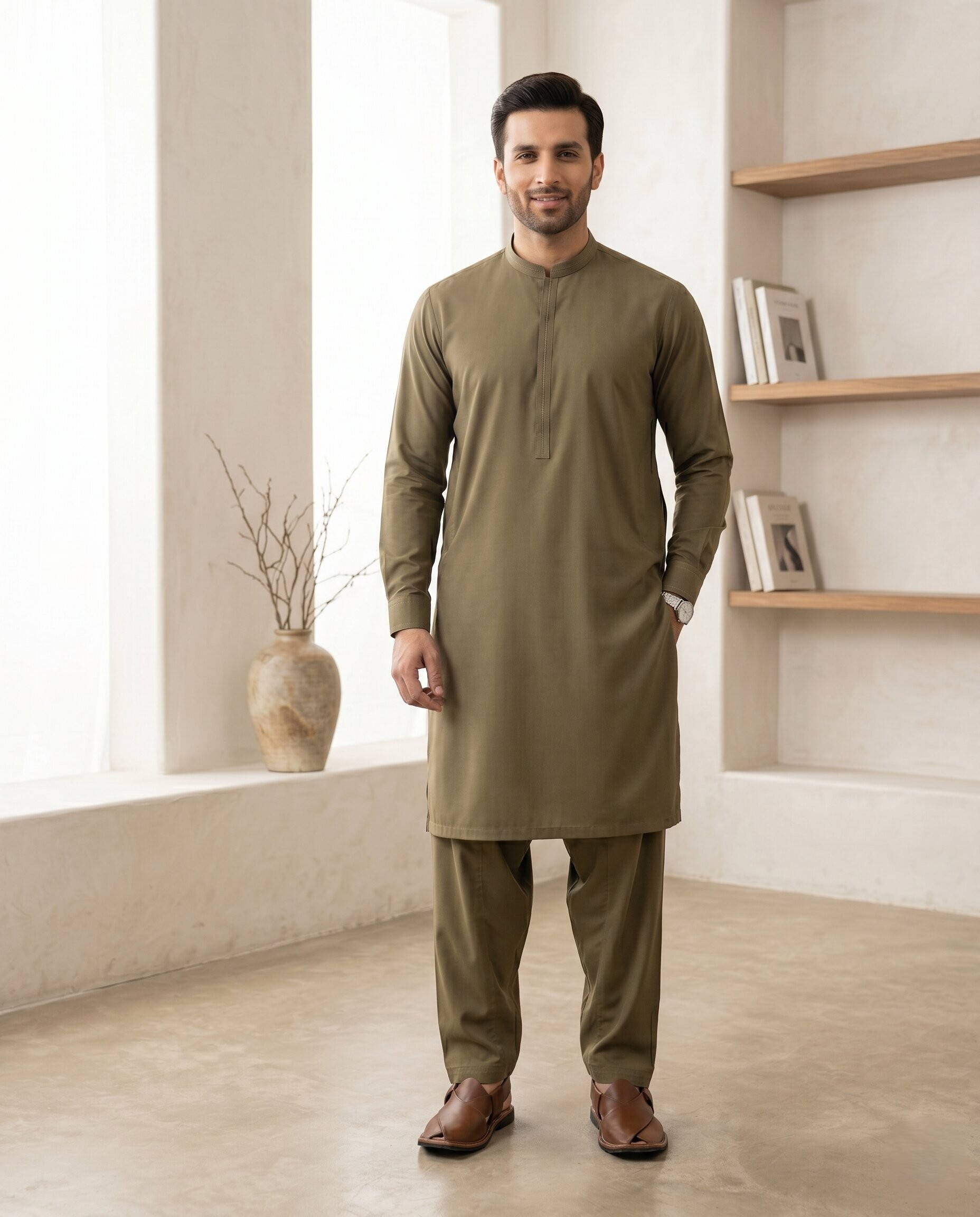 Olive Green Classic Plain - Men’s Unstitched Wash & Wear Suit 2