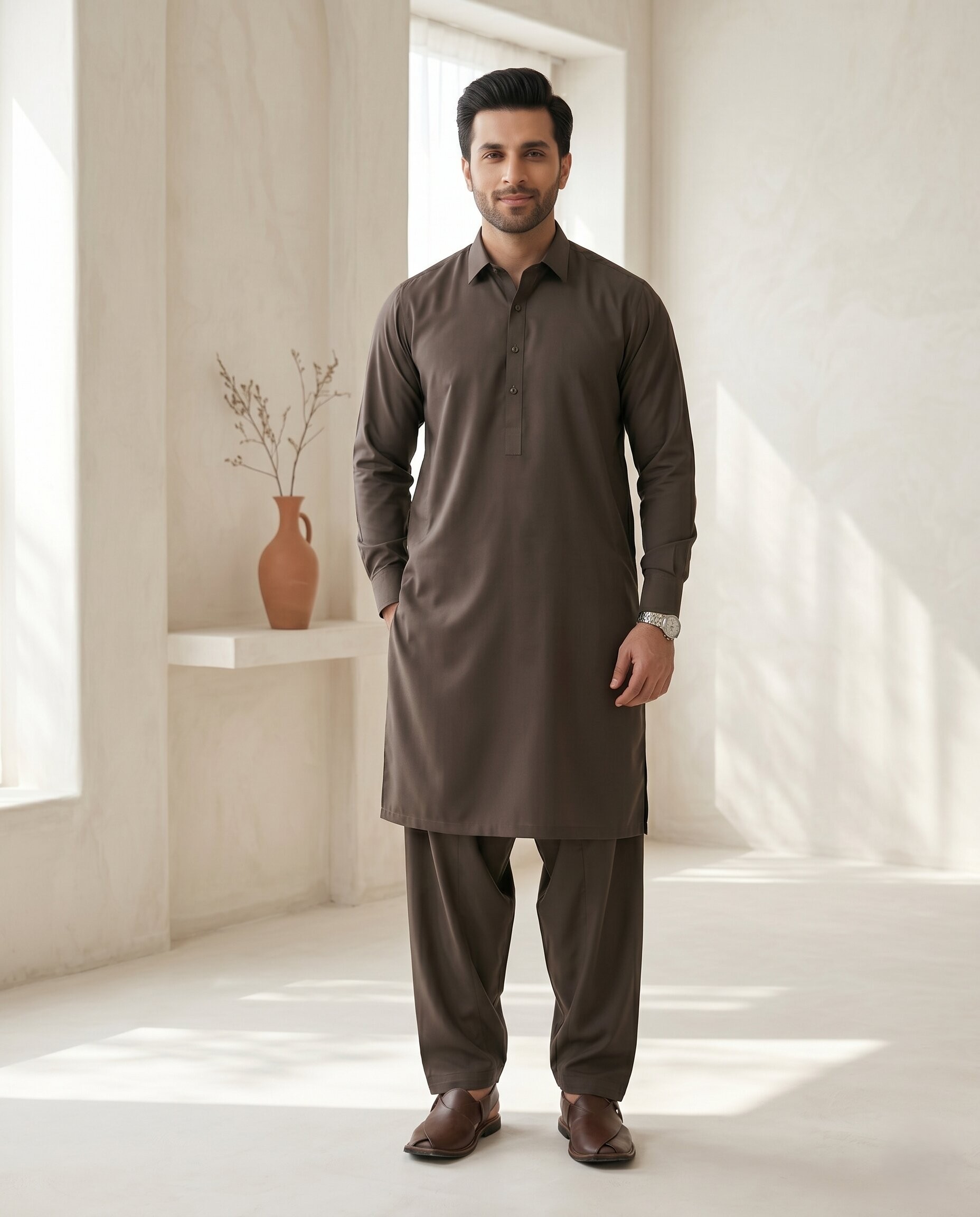 Dark Brown Classic Plain - Men’s Unstitched Wash & Wear Suit