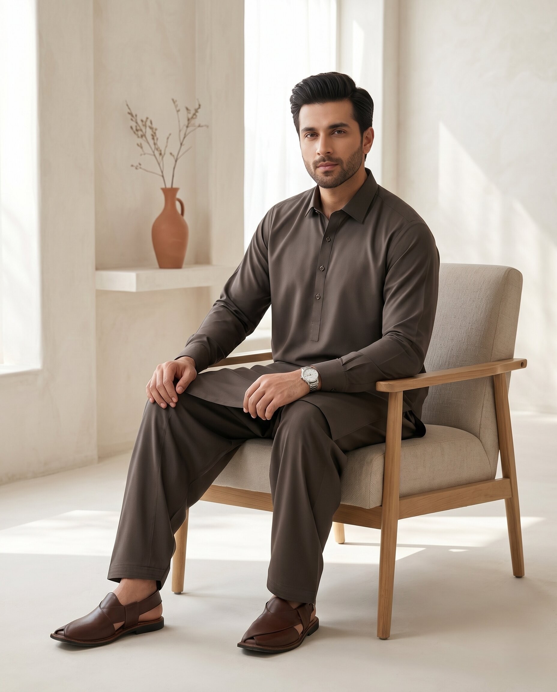 Dark Brown Classic Plain - Men’s Unstitched Wash & Wear Suit 3