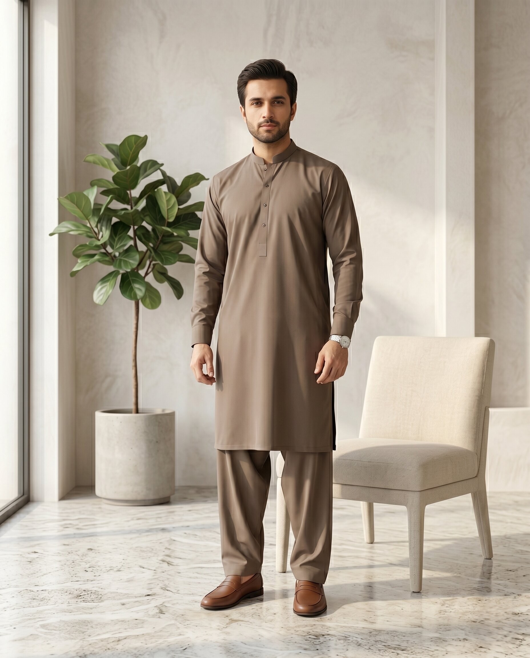 Taupe Brown Classic Plain - Men’s Unstitched Wash & Wear Suit