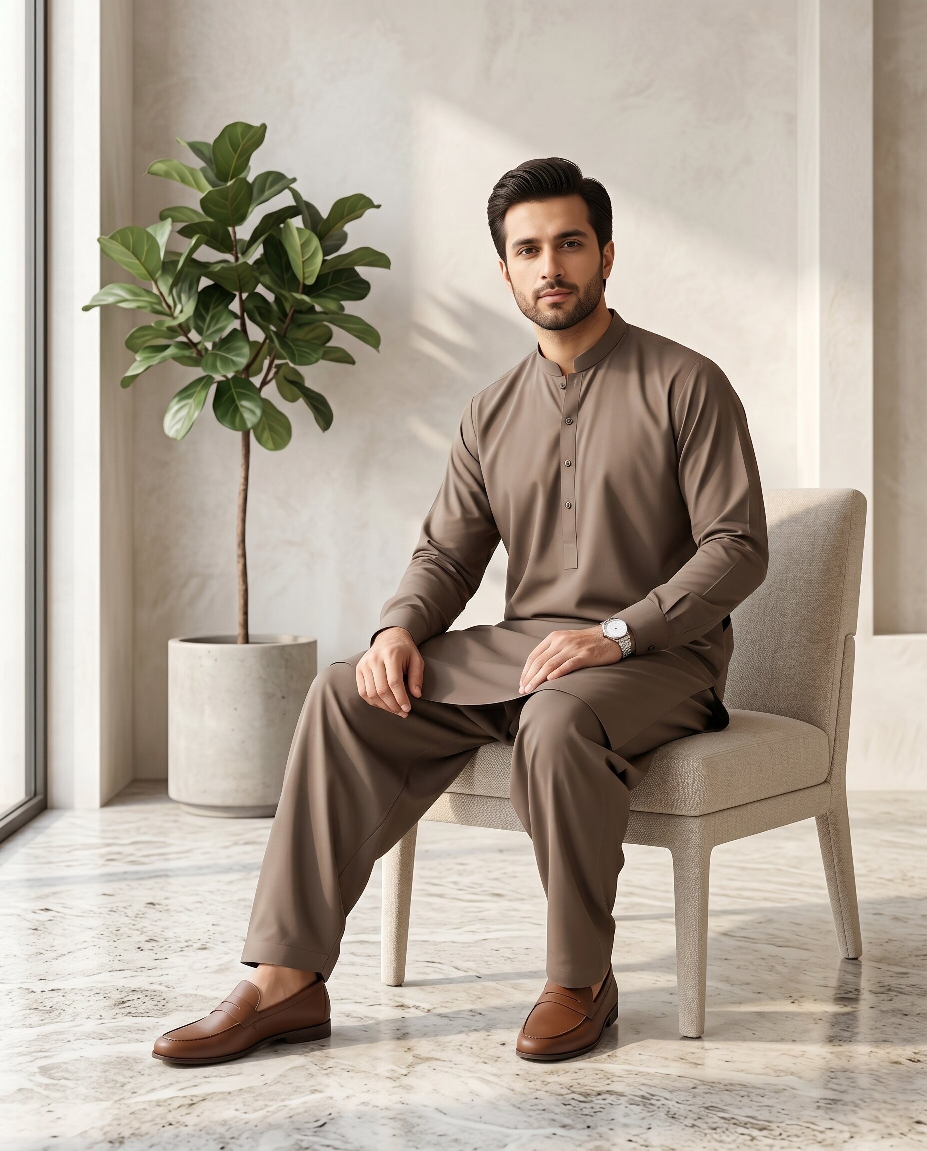 Taupe Brown Classic Plain - Men’s Unstitched Wash & Wear Suit 3