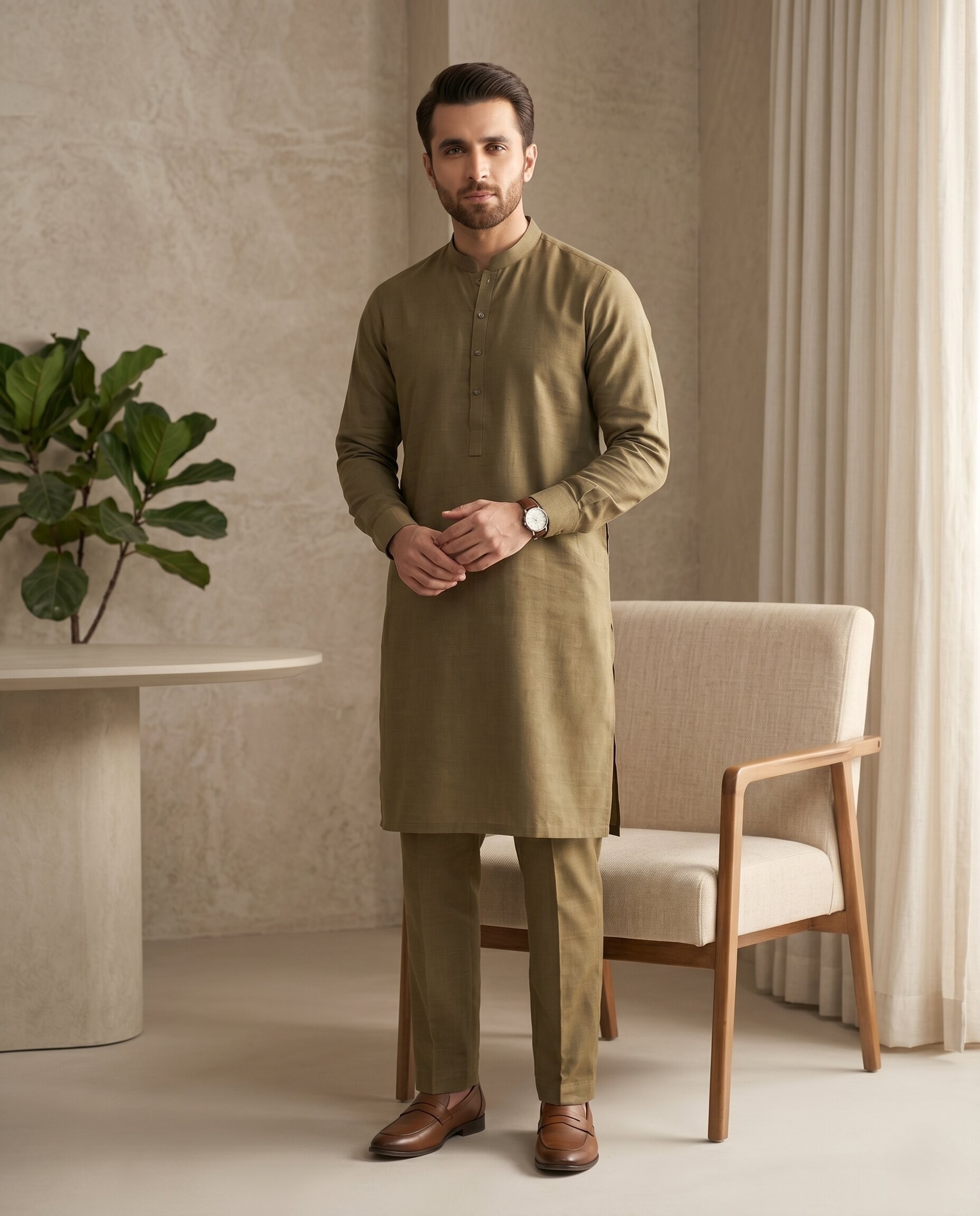 Olive Brown Classic - Men’s Unstitched Wash & Wear Suit