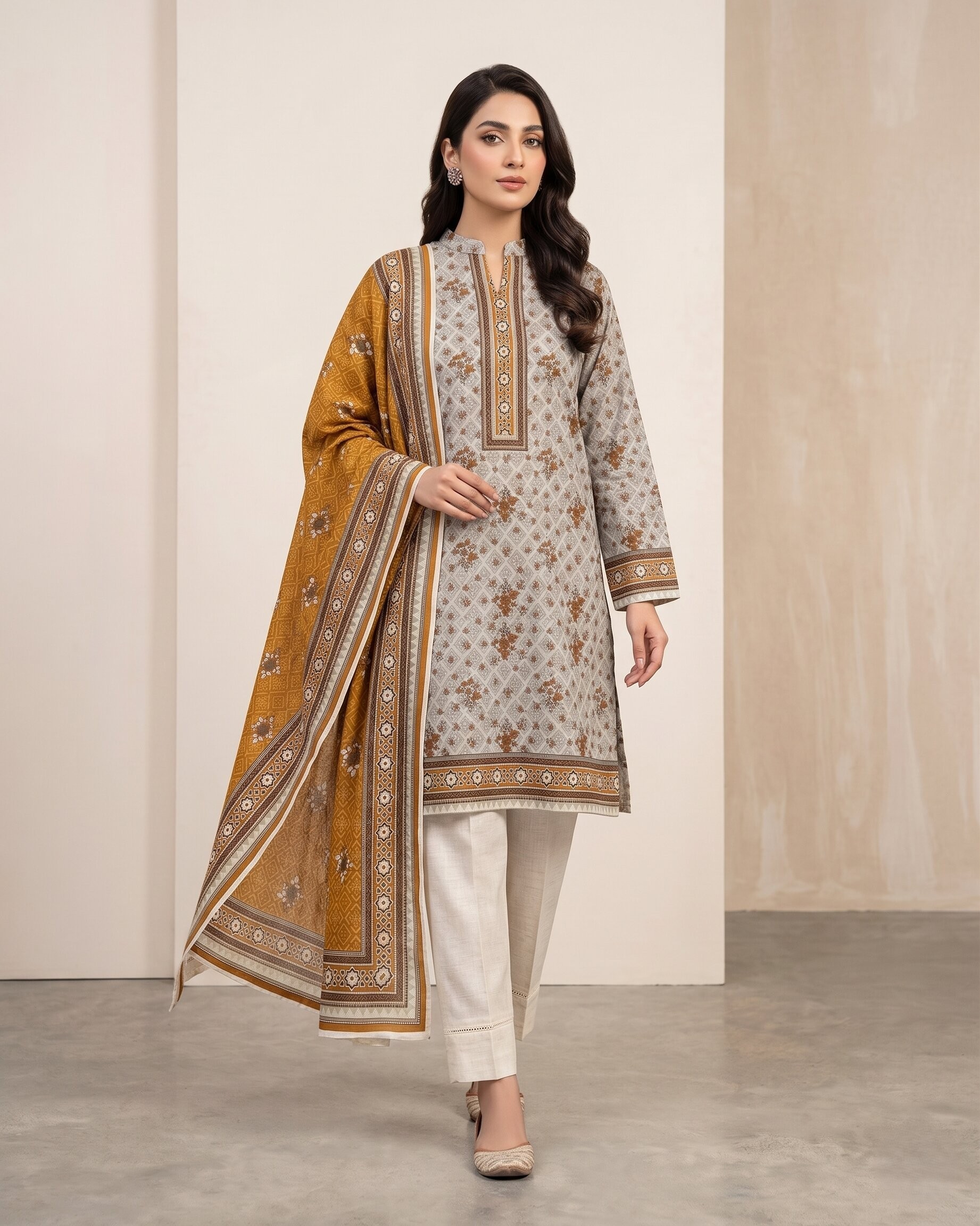 Elegant Soft Neutral Beige Printed 3 Piece Lawn Suit with Mustard Dupatta