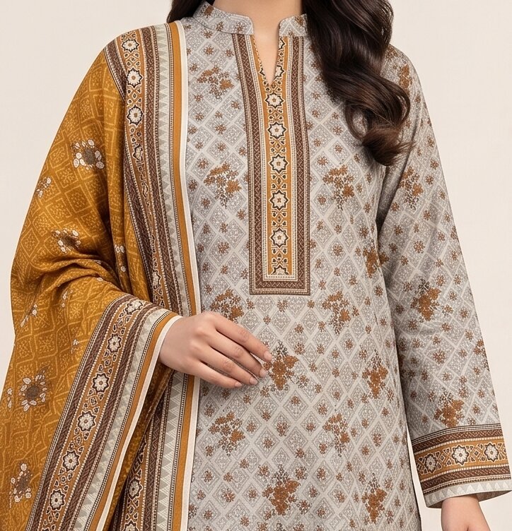 Elegant Soft Neutral Beige Printed 3 Piece Lawn Suit with Mustard Dupatta 2