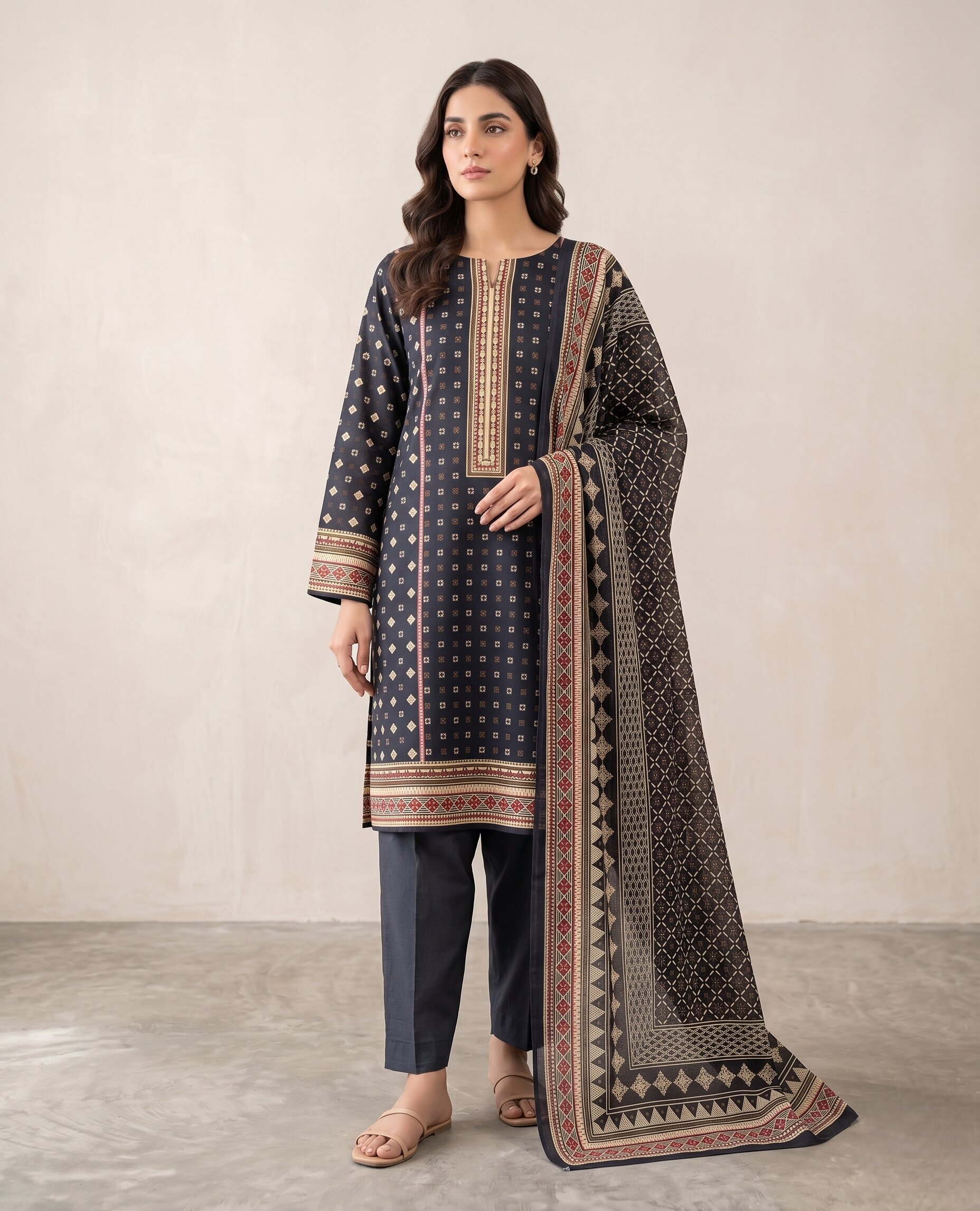 Classic Black Printed 3 Piece Lawn Suit with Ethnic Dupatta