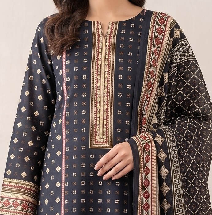 Classic Black Printed 3 Piece Lawn Suit with Ethnic Dupatta 2