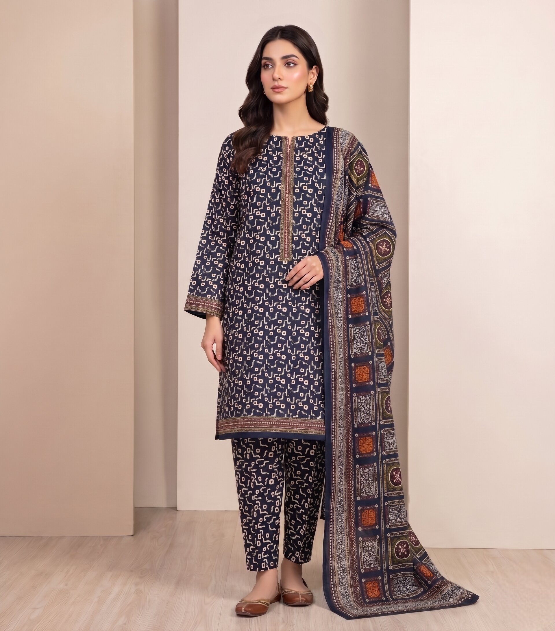 Elegant Printed 3 Piece Lawn Suit with Traditional Dupatta in Black & Blue