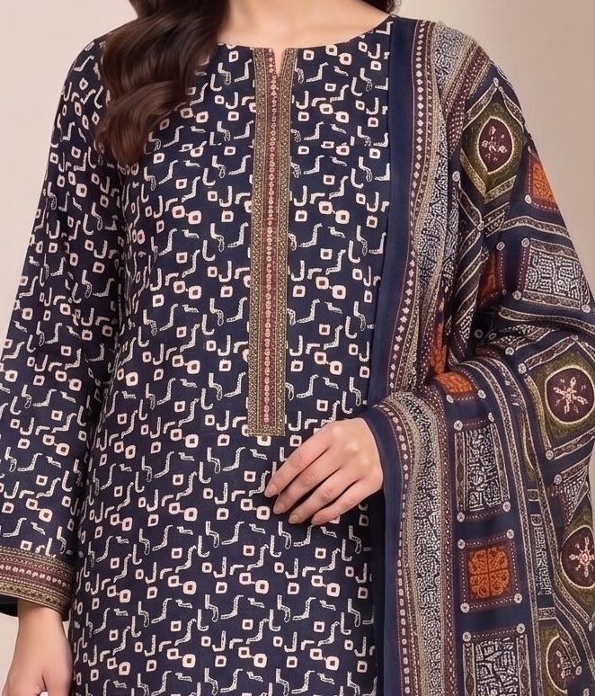 Elegant Printed 3 Piece Lawn Suit with Traditional Dupatta in Black & Blue 2