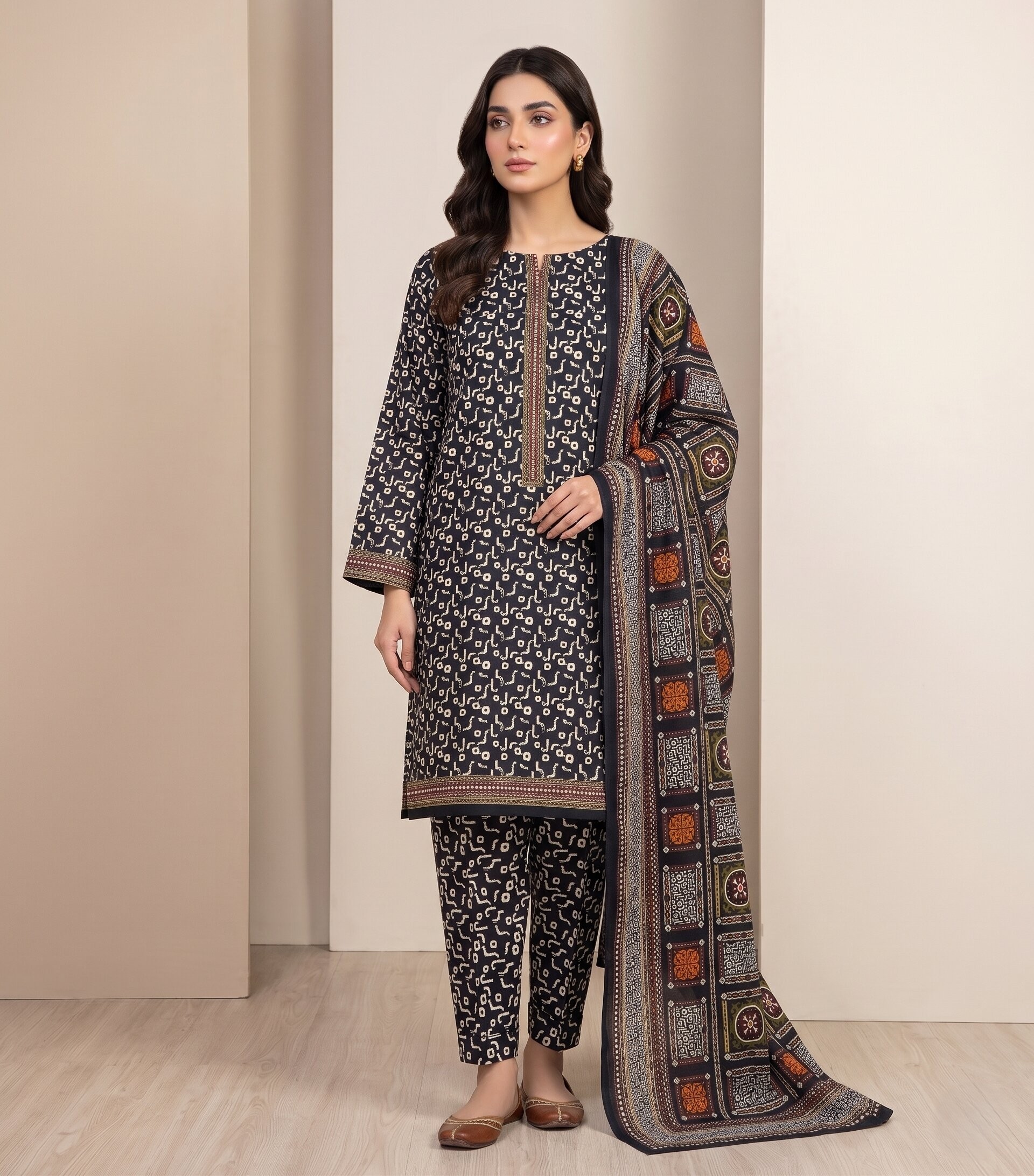 Elegant Printed 3 Piece Lawn Suit with Traditional Dupatta in Black & Blue 3