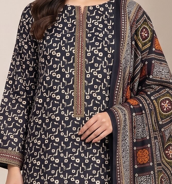 Elegant Printed 3 Piece Lawn Suit with Traditional Dupatta in Black & Blue 4