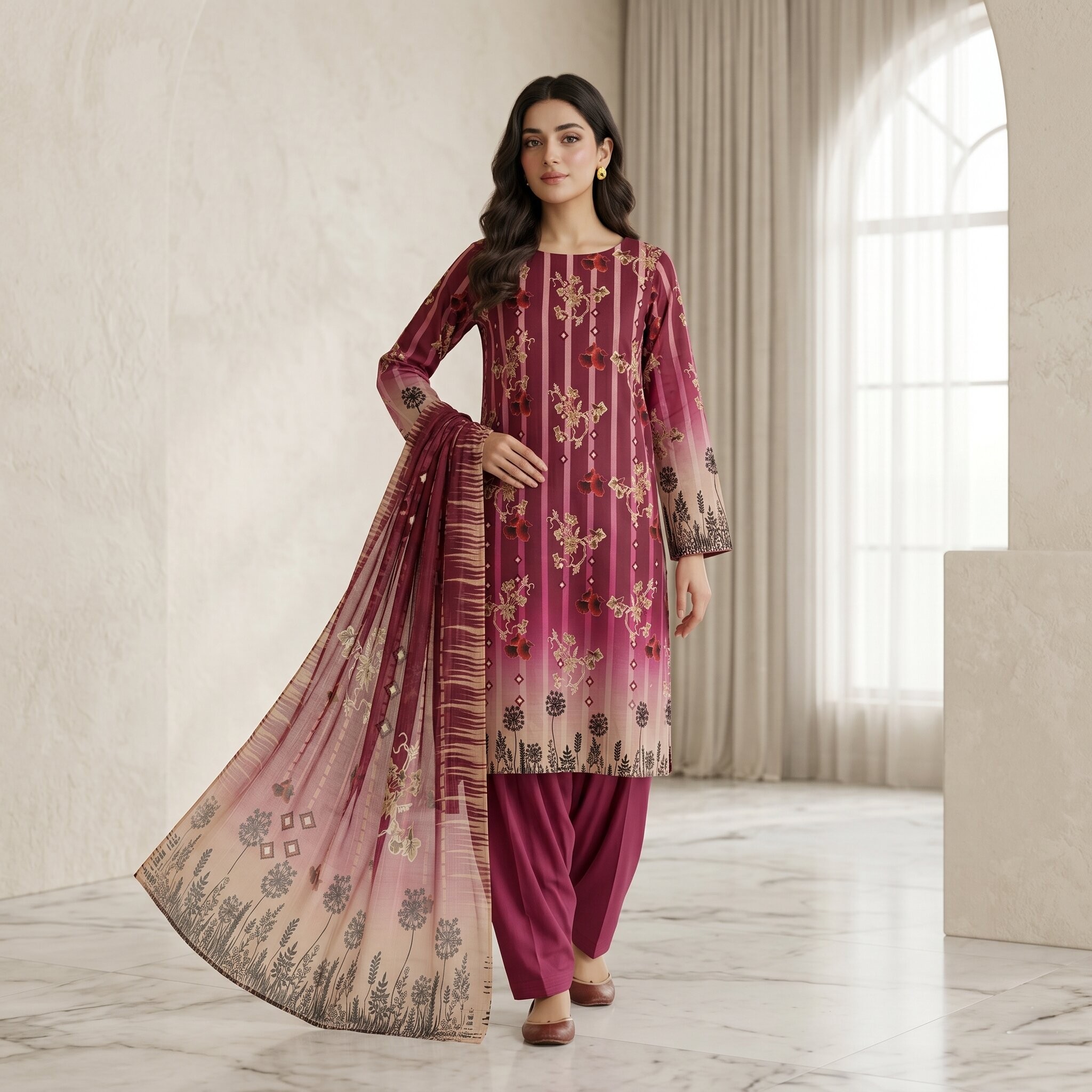 Dora Lawn Maroon Shade Striped 3 Piece Unstitched Suit with Pure Dupatta