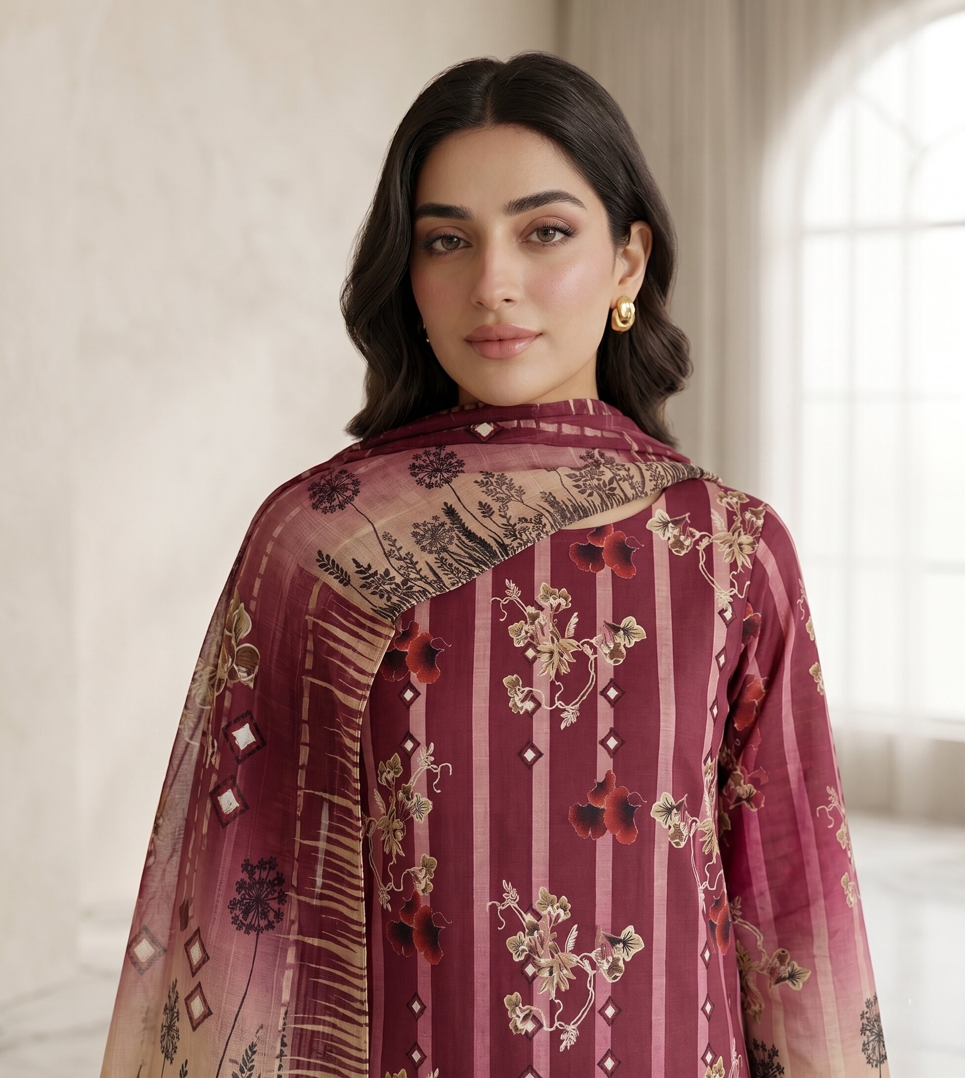 Dora Lawn Maroon Shade Striped 3 Piece Unstitched Suit with Pure Dupatta 2