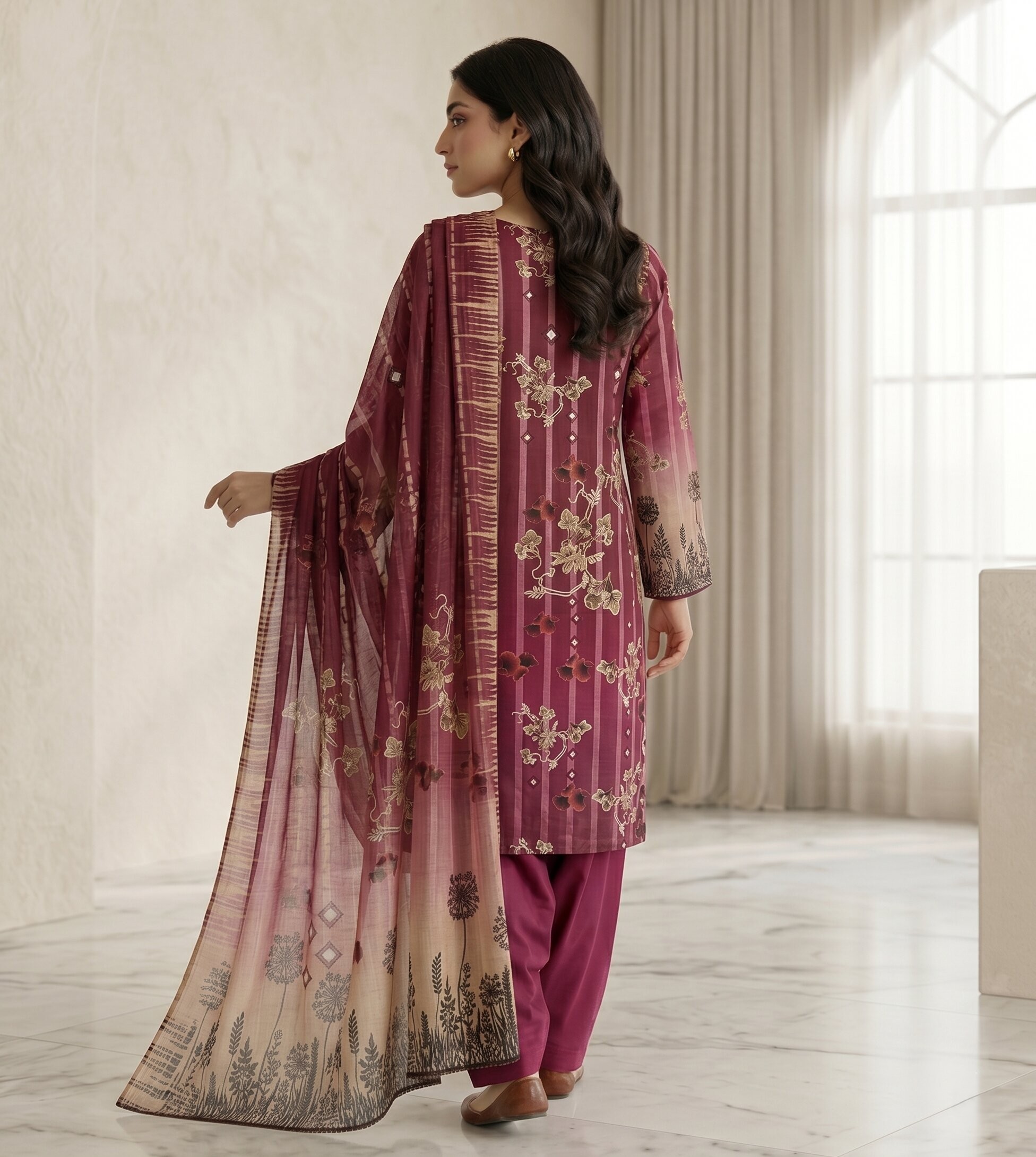Dora Lawn Maroon Shade Striped 3 Piece Unstitched Suit with Pure Dupatta 3