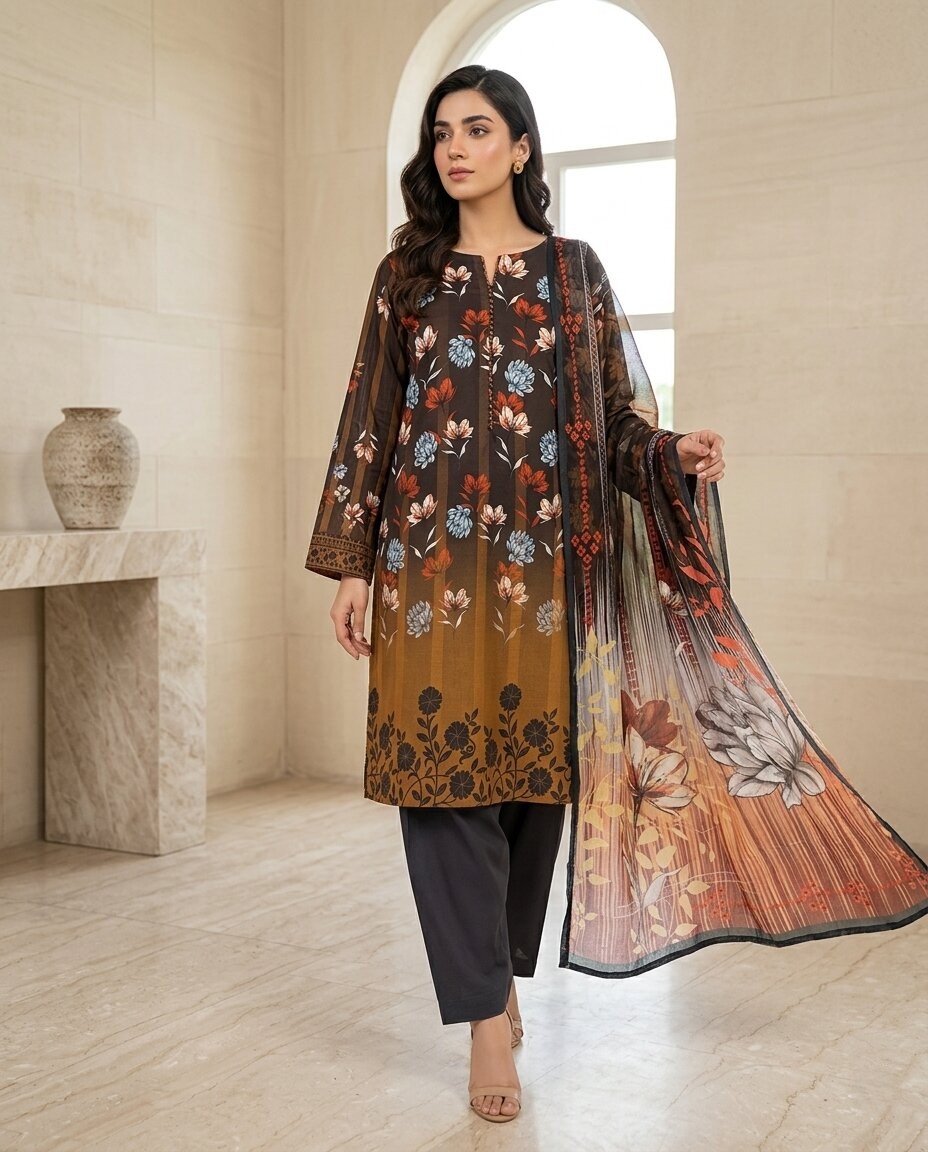 Brown Floral Gradient 3 Piece Unstitched Dora Lawn Suit with Pure Dupatta
