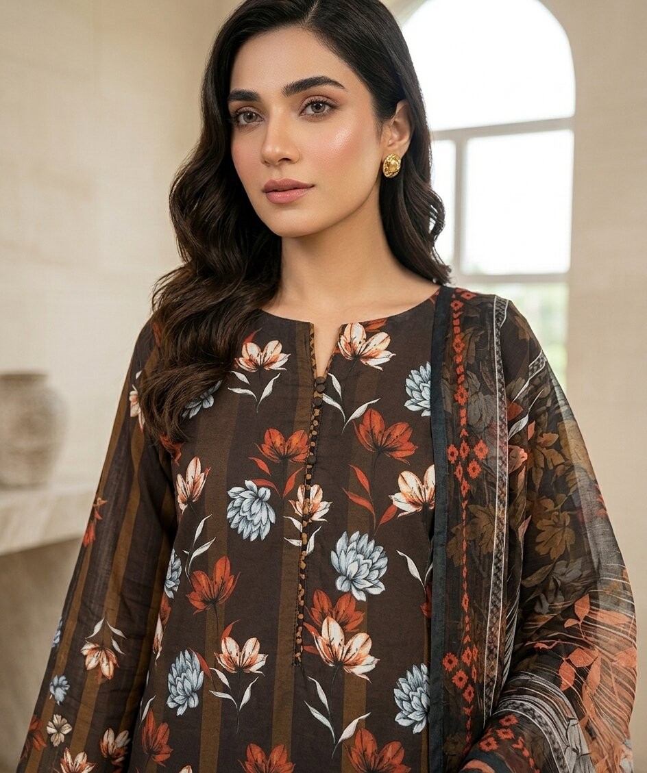 Brown Floral Gradient 3 Piece Unstitched Dora Lawn Suit with Pure Dupatta 2