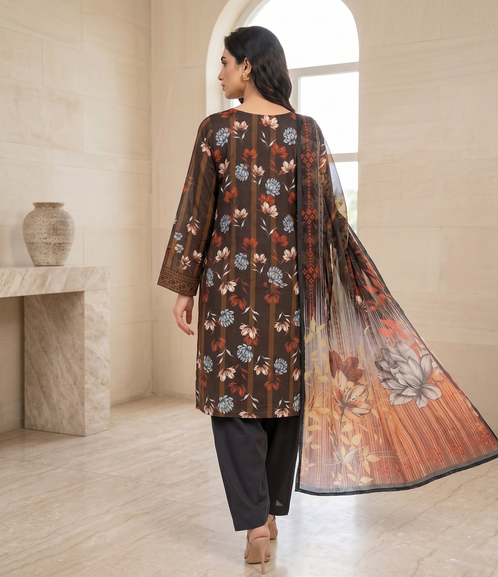 Brown Floral Gradient 3 Piece Unstitched Dora Lawn Suit with Pure Dupatta 3