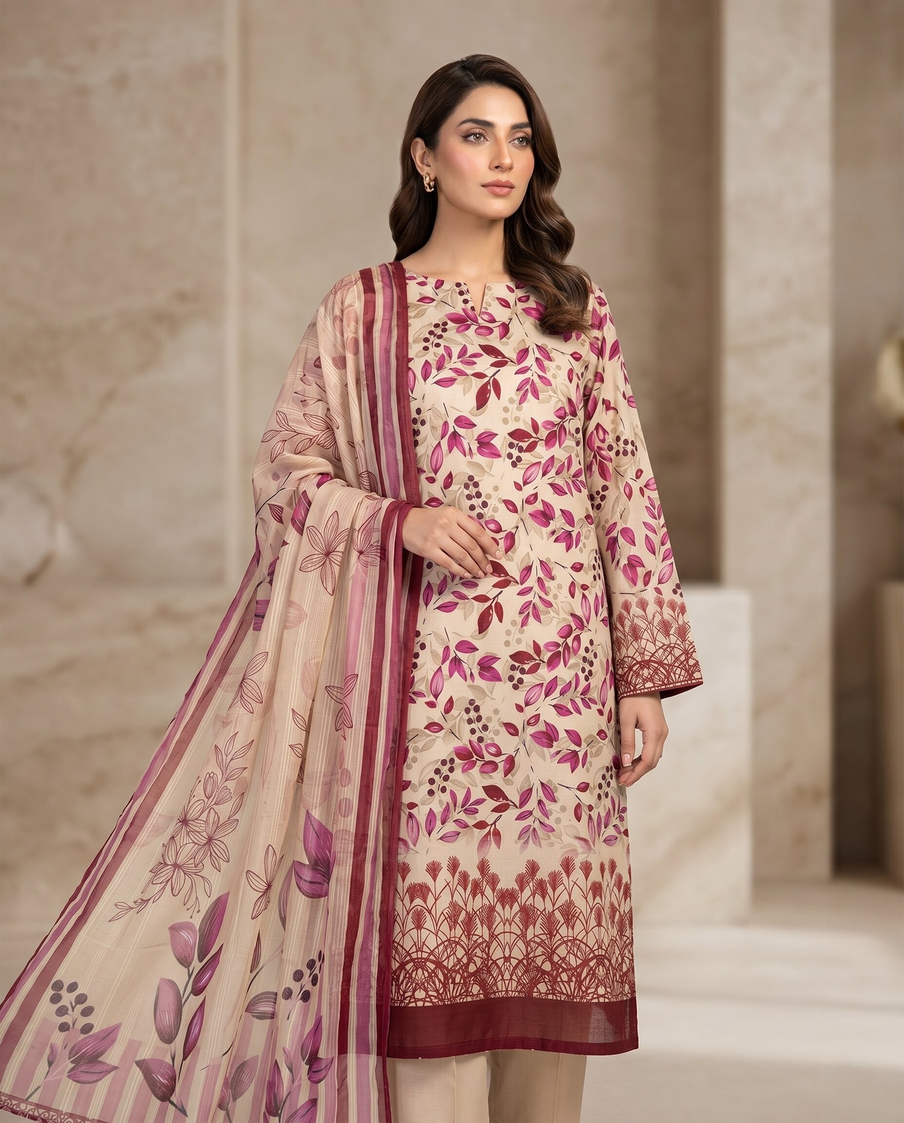Beige Pink Floral 3 Piece Unstitched Dora Lawn Suit with Pure Dupatta