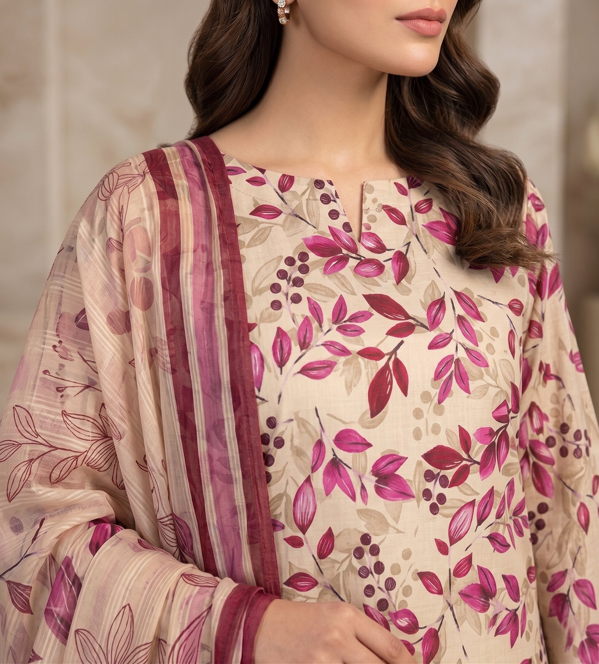 Beige Pink Floral 3 Piece Unstitched Dora Lawn Suit with Pure Dupatta 2