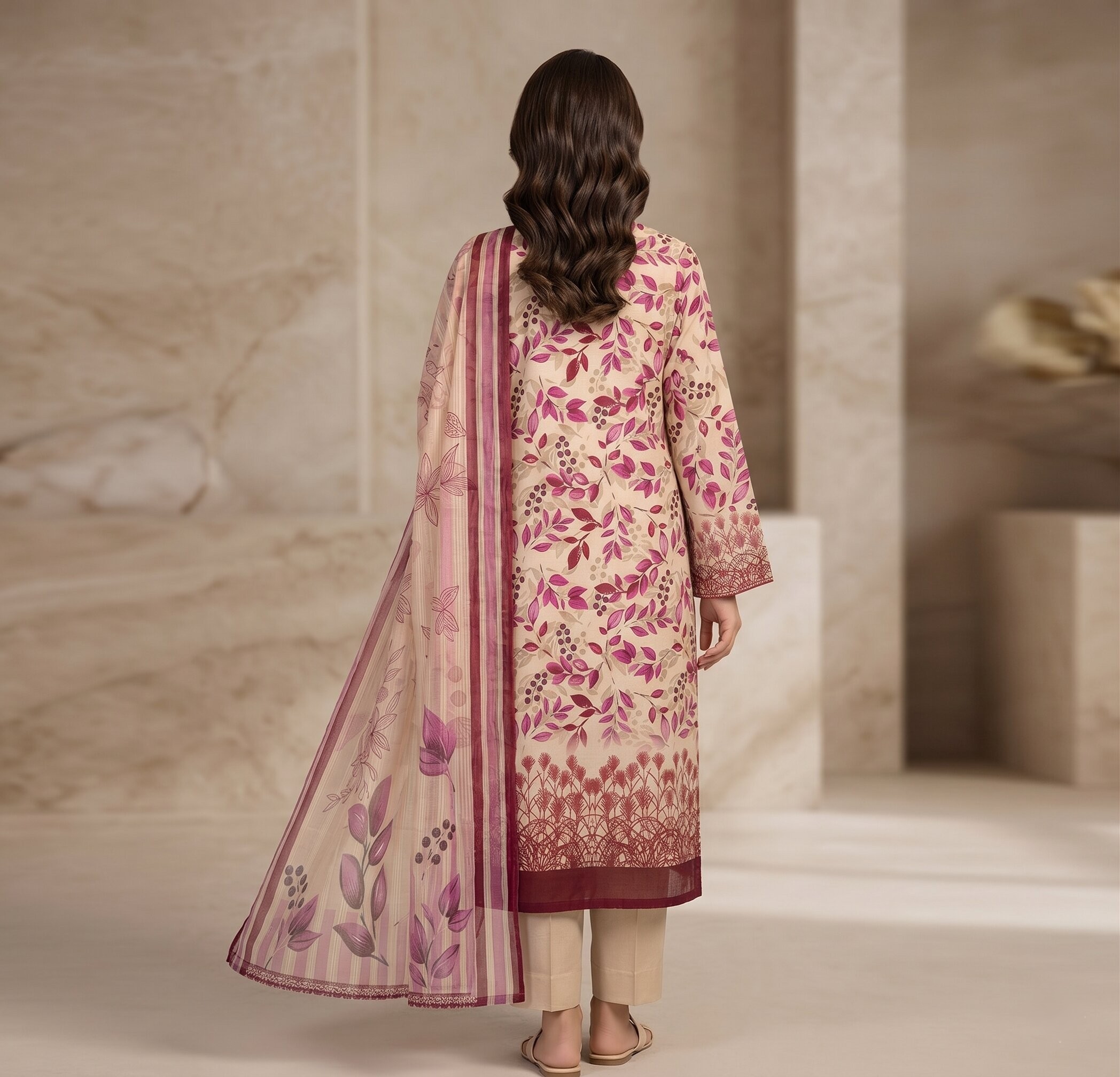 Beige Pink Floral 3 Piece Unstitched Dora Lawn Suit with Pure Dupatta 3
