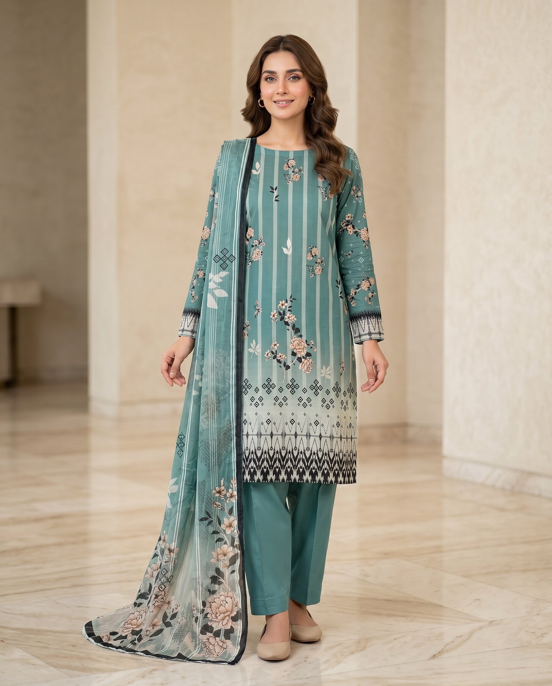 Teal Green Floral Striped 3 Piece Unstitched Dora Lawn Suit with Pure Dupatta