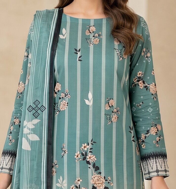 Teal Green Floral Striped 3 Piece Unstitched Dora Lawn Suit with Pure Dupatta 2
