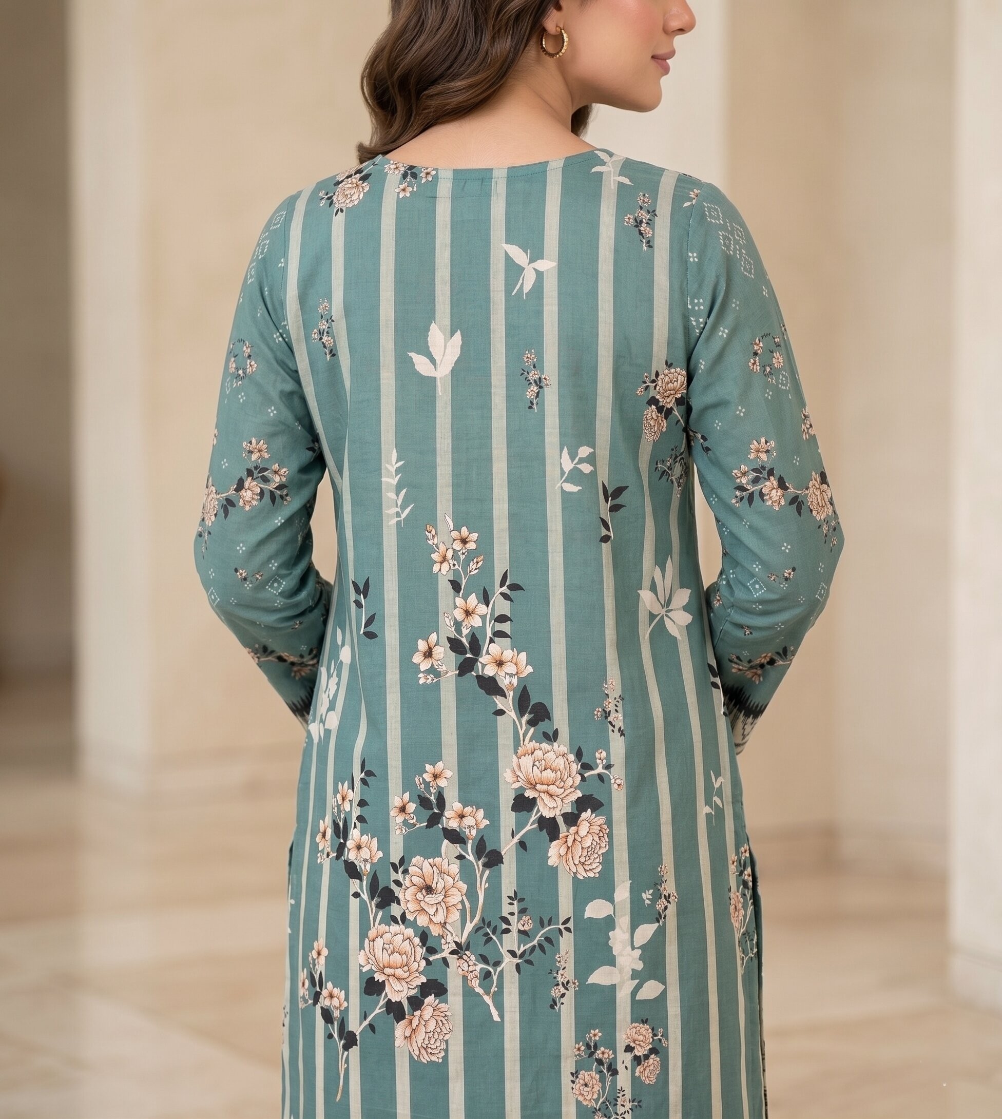 Teal Green Floral Striped 3 Piece Unstitched Dora Lawn Suit with Pure Dupatta 3