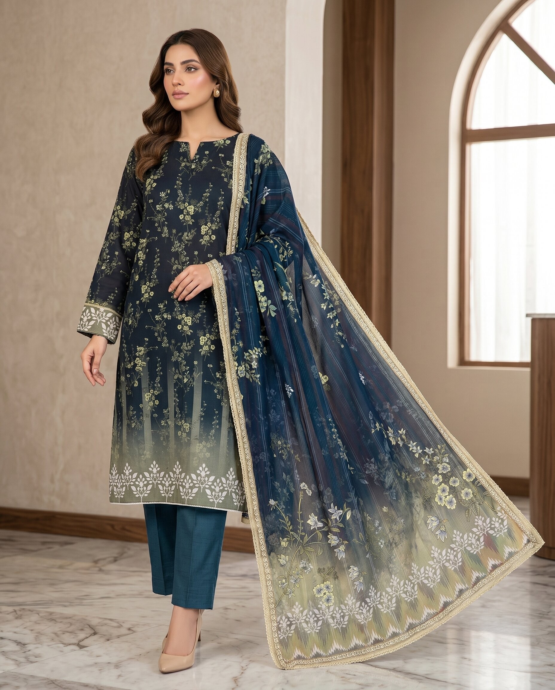 Black Floral 3 Piece Unstitched Dora Lawn Suit with Pure Dupatta