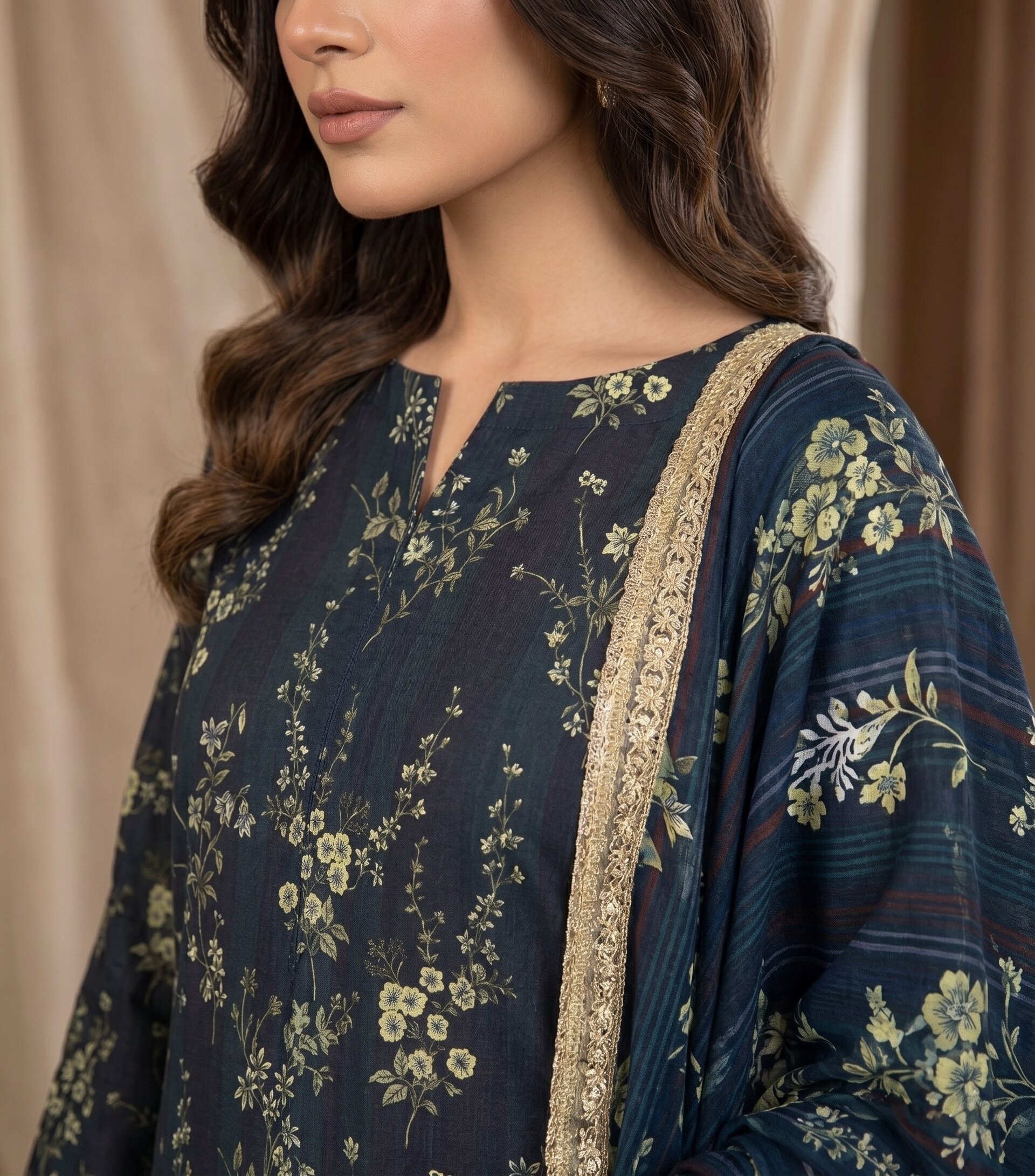 Black Floral 3 Piece Unstitched Dora Lawn Suit with Pure Dupatta 2