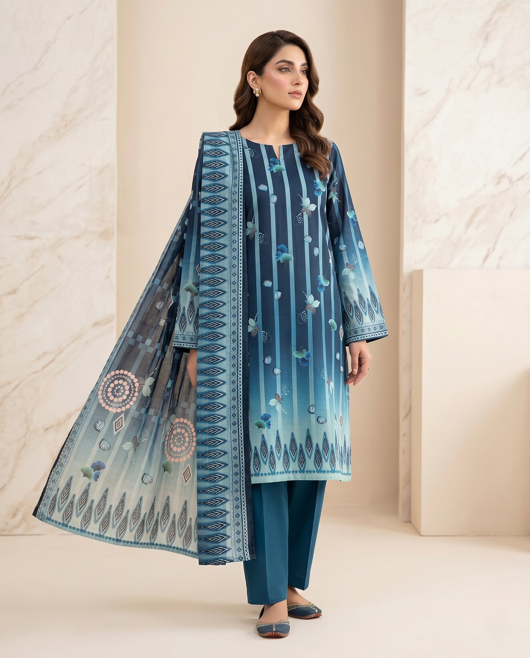 Navy Blue Teal Striped 3 Piece Unstitched Dora Lawn Suit with Pure Dupatta