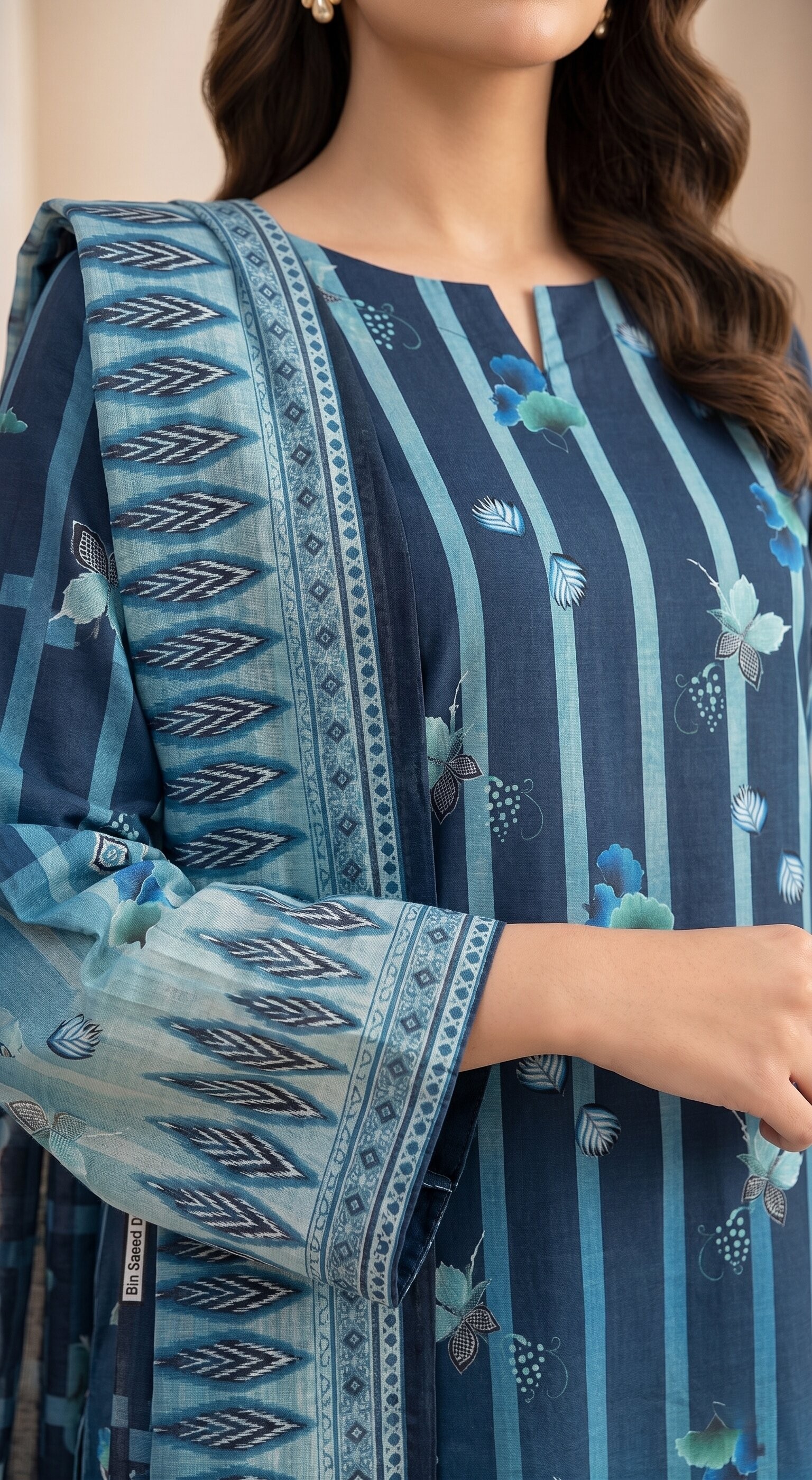 Navy Blue Teal Striped 3 Piece Unstitched Dora Lawn Suit with Pure Dupatta 2