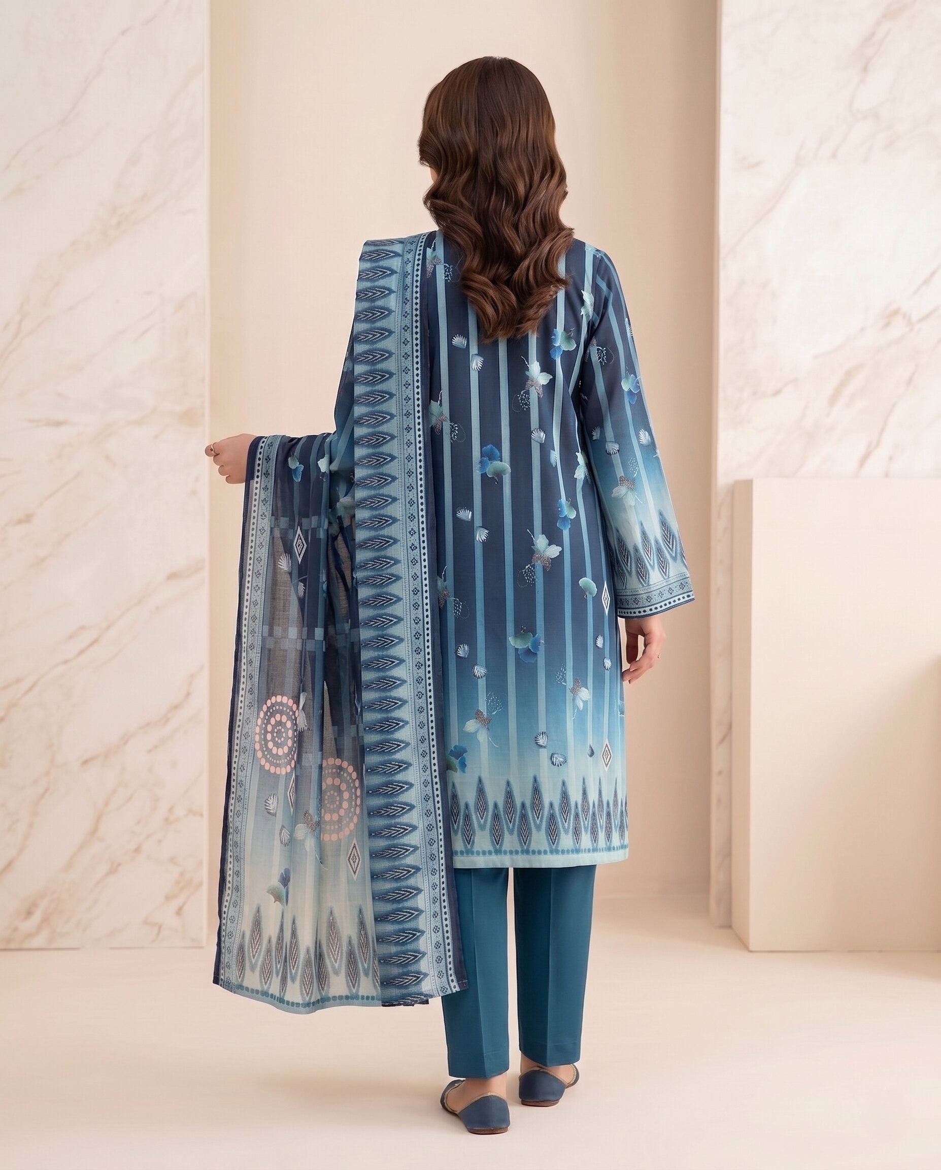 Navy Blue Teal Striped 3 Piece Unstitched Dora Lawn Suit with Pure Dupatta 3