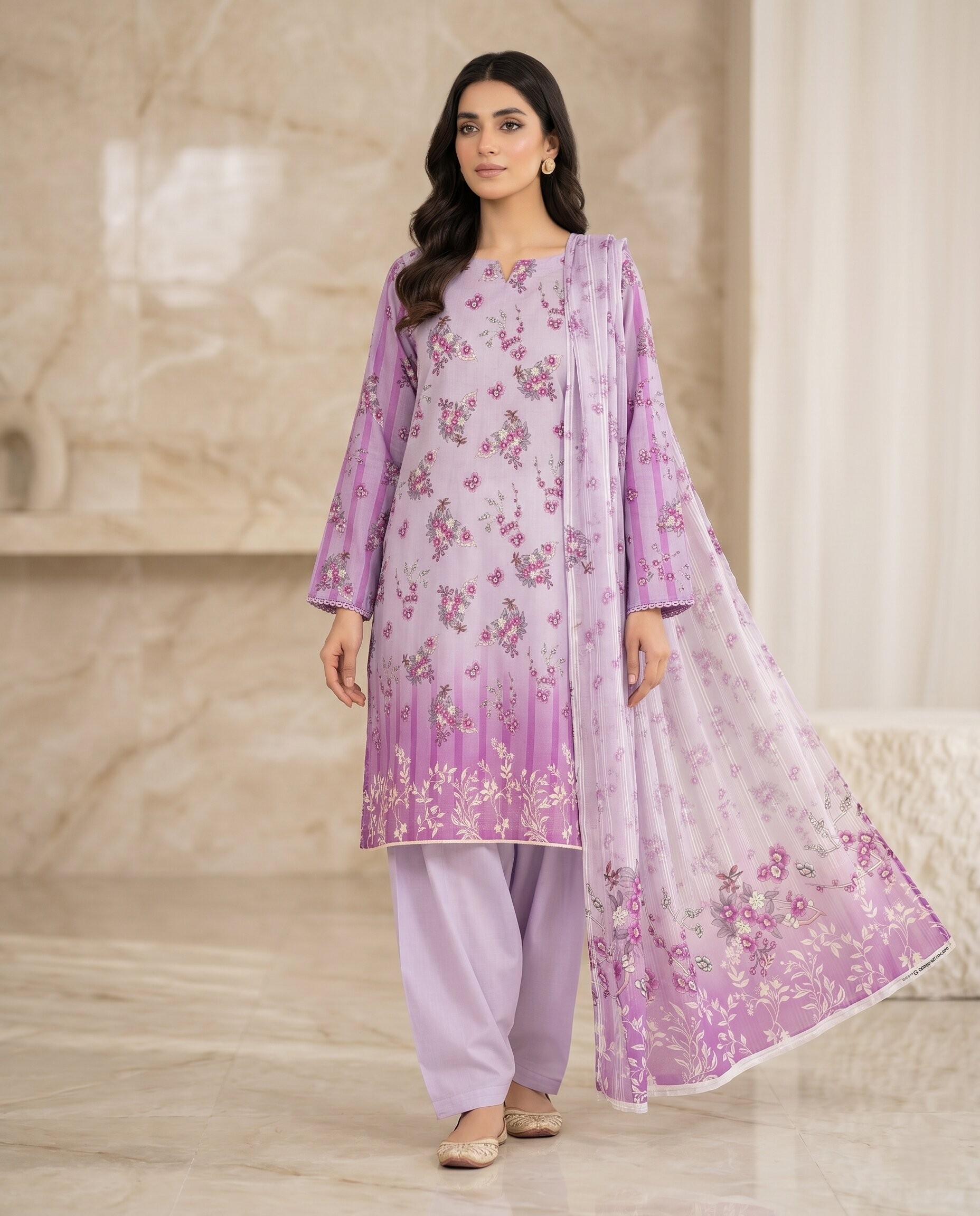 Lilac Pink Floral 3 Piece Unstitched Dora Lawn Suit with Dupatta
