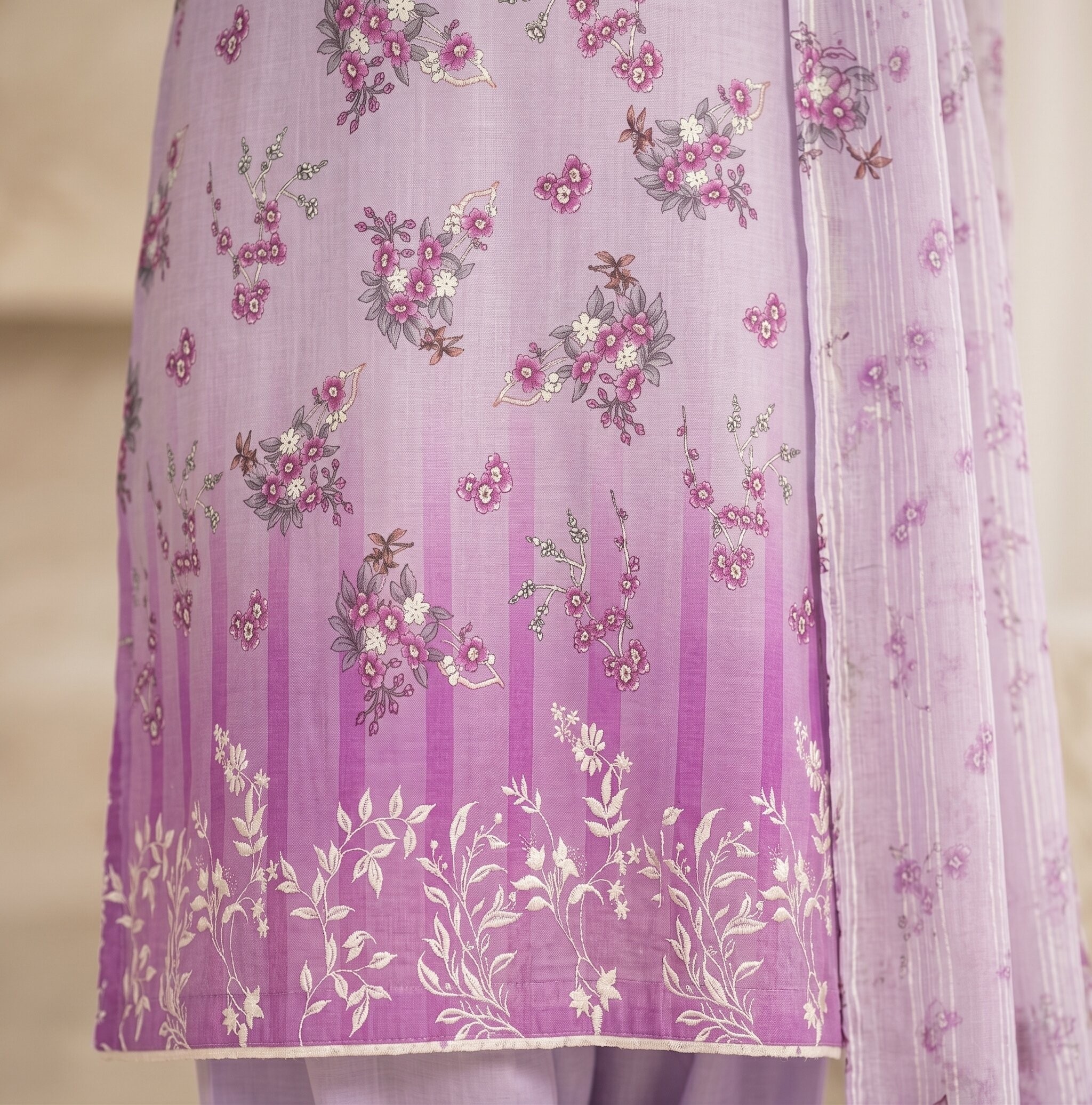 Lilac Pink Floral 3 Piece Unstitched Dora Lawn Suit with Dupatta 2