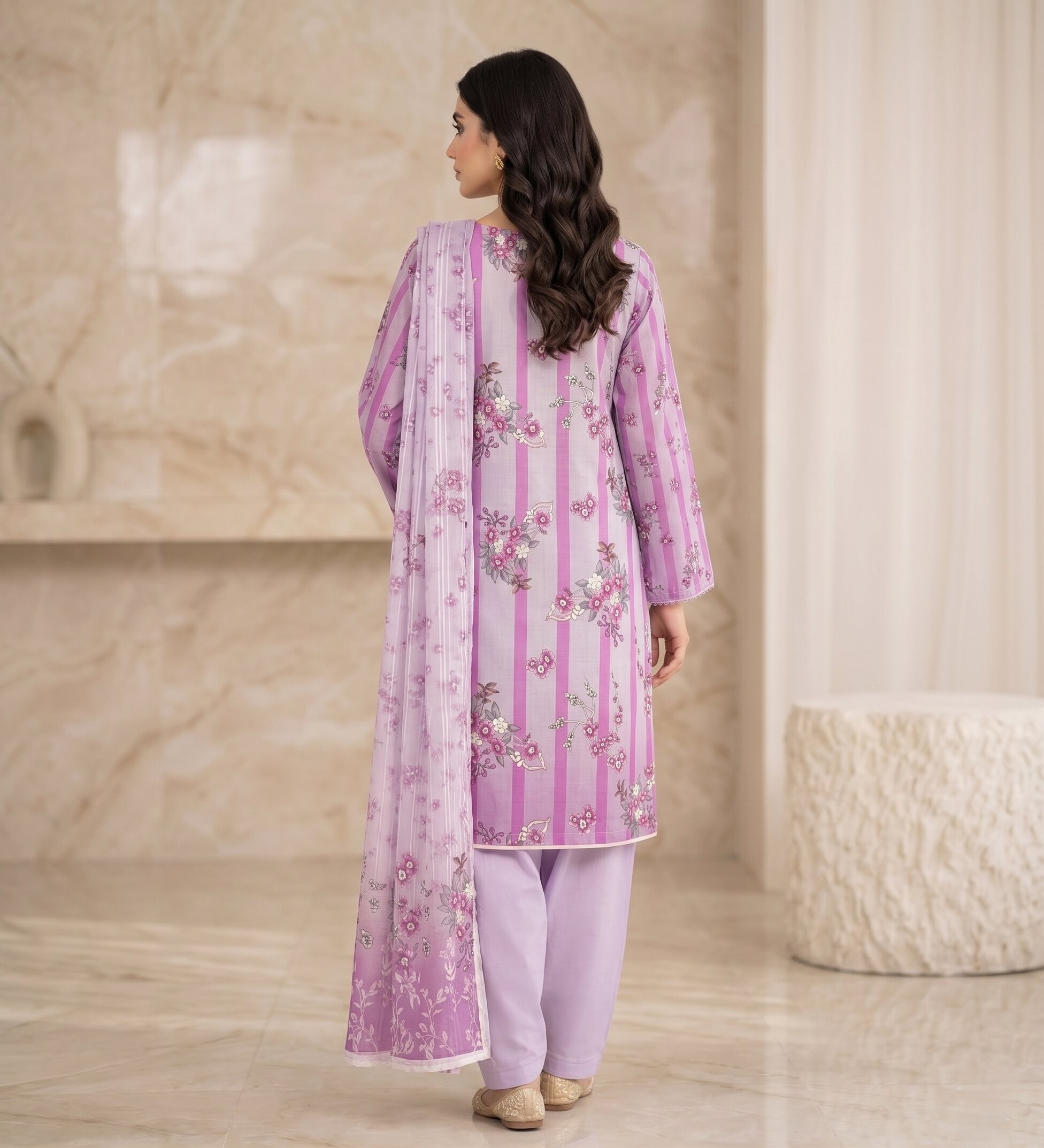 Lilac Pink Floral 3 Piece Unstitched Dora Lawn Suit with Dupatta 3