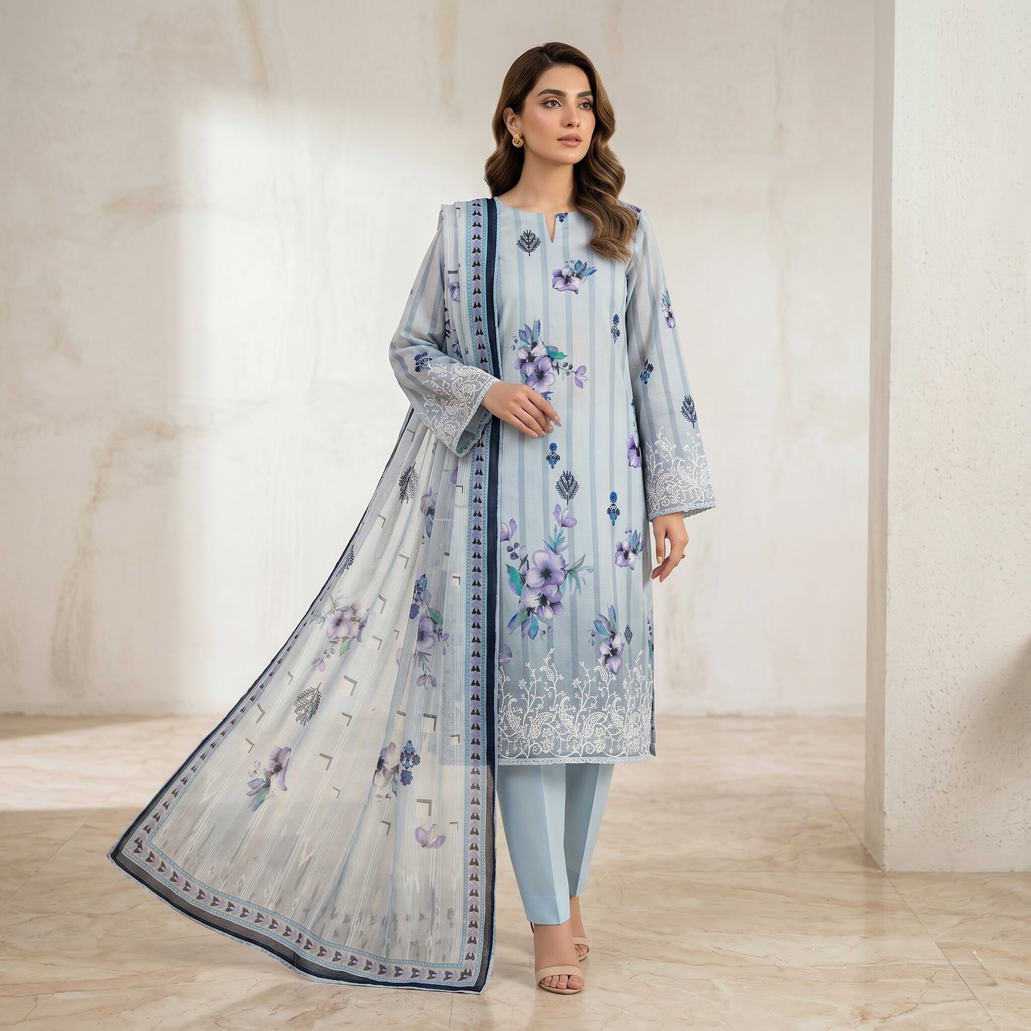 Ice Blue Floral 3 Piece Unstitched Dora Lawn Suit with Pure Dupatta