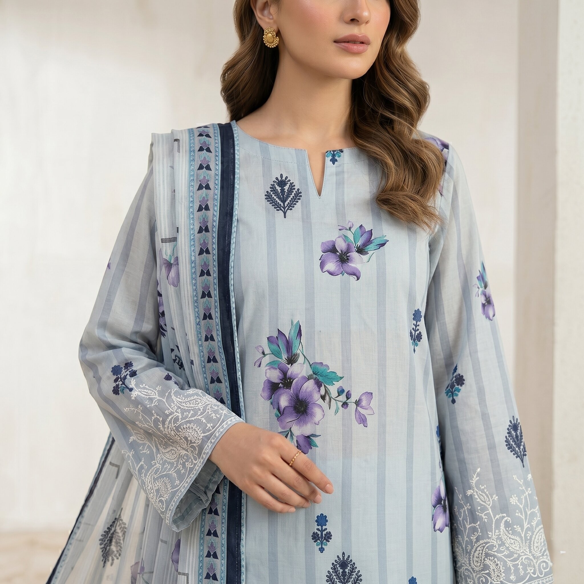 Ice Blue Floral 3 Piece Unstitched Dora Lawn Suit with Pure Dupatta 2