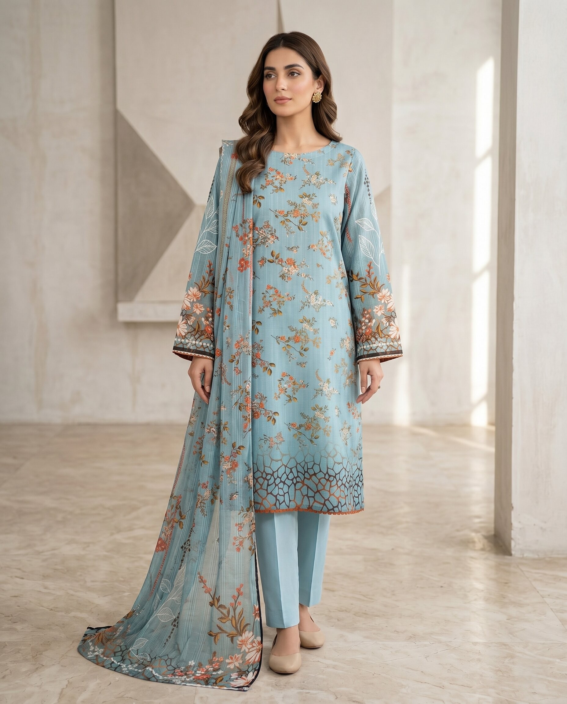 Sky Blue 3 Piece Unstitched Dora Lawn Suit with Dupatta