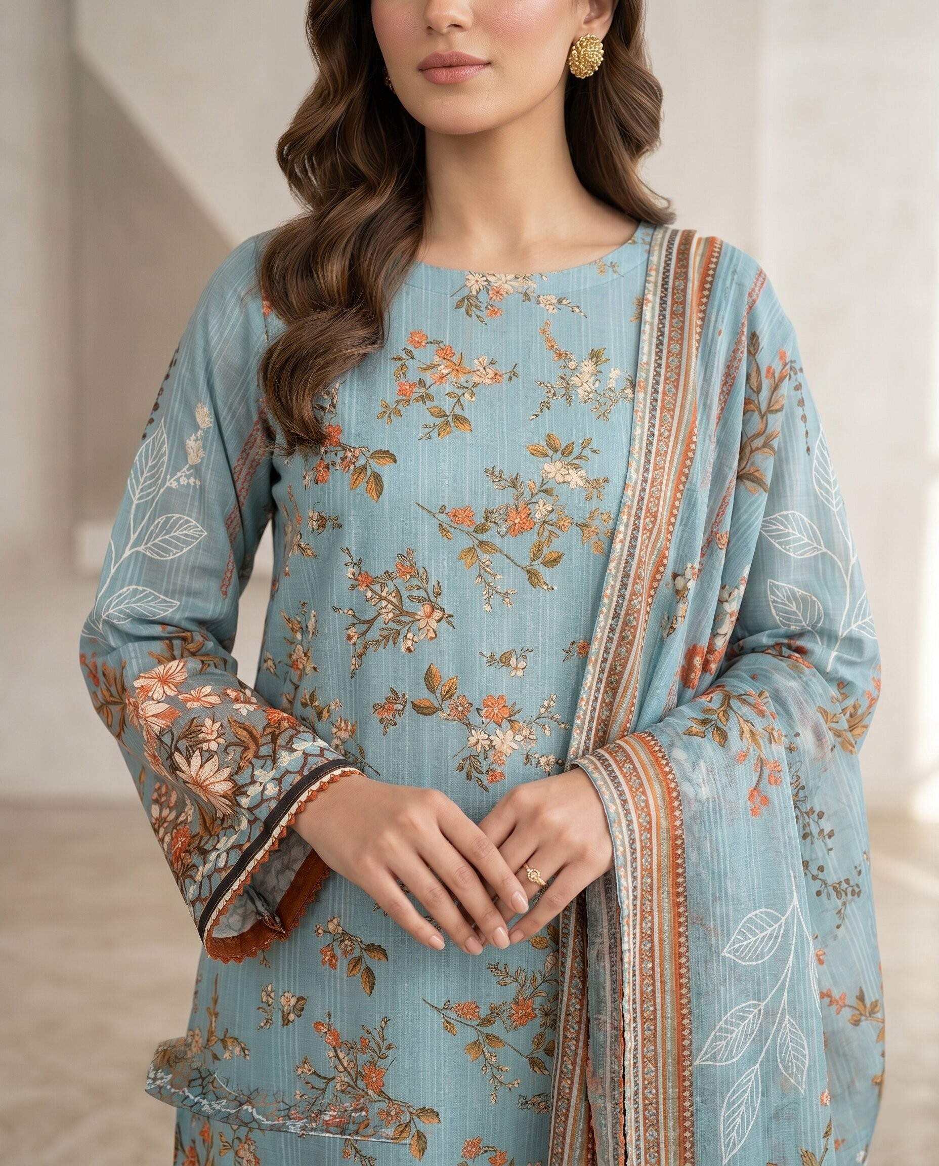 Sky Blue 3 Piece Unstitched Dora Lawn Suit with Dupatta 2