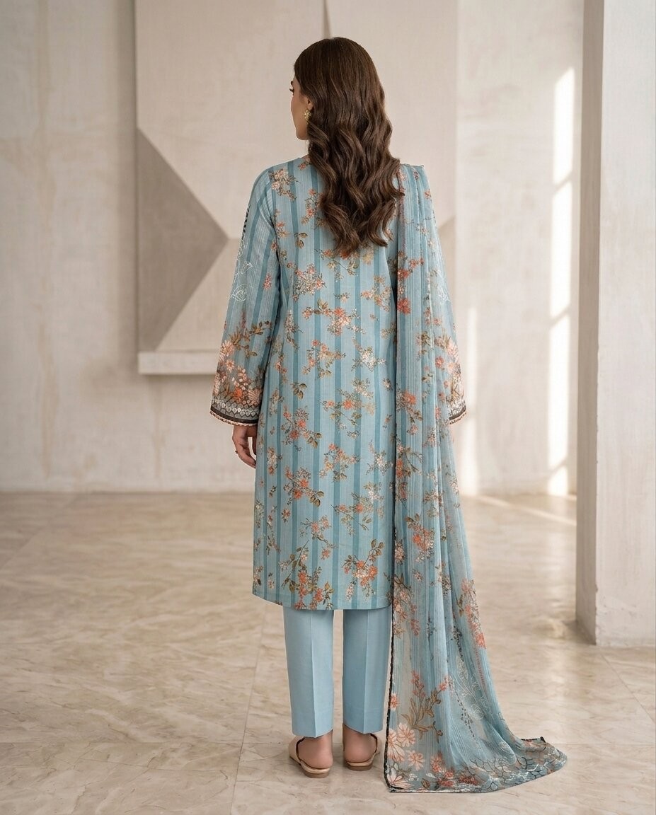 Sky Blue 3 Piece Unstitched Dora Lawn Suit with Dupatta 3