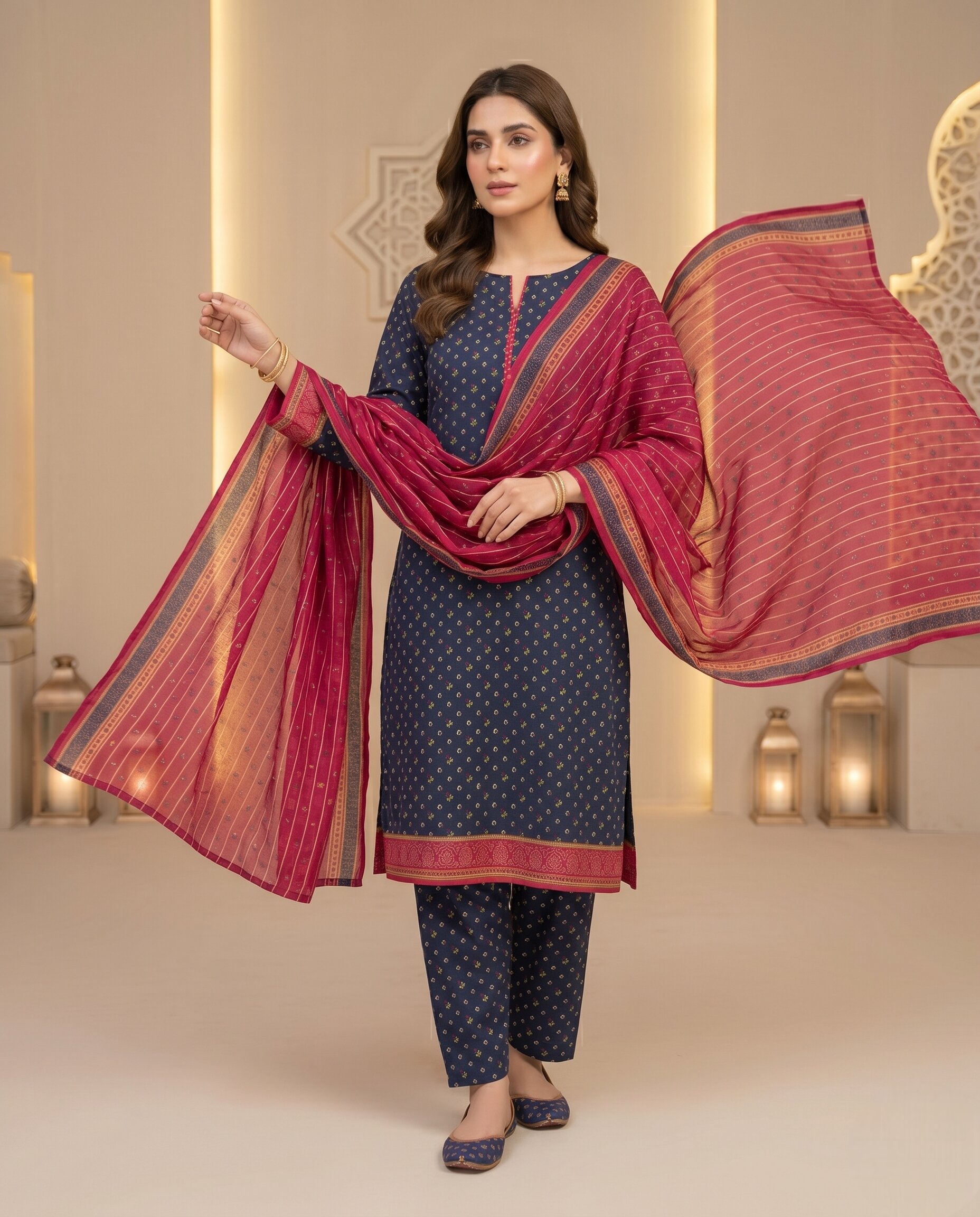 Bin Saeed Royal Black & Crimson 3 Piece Printed Lawn Suit