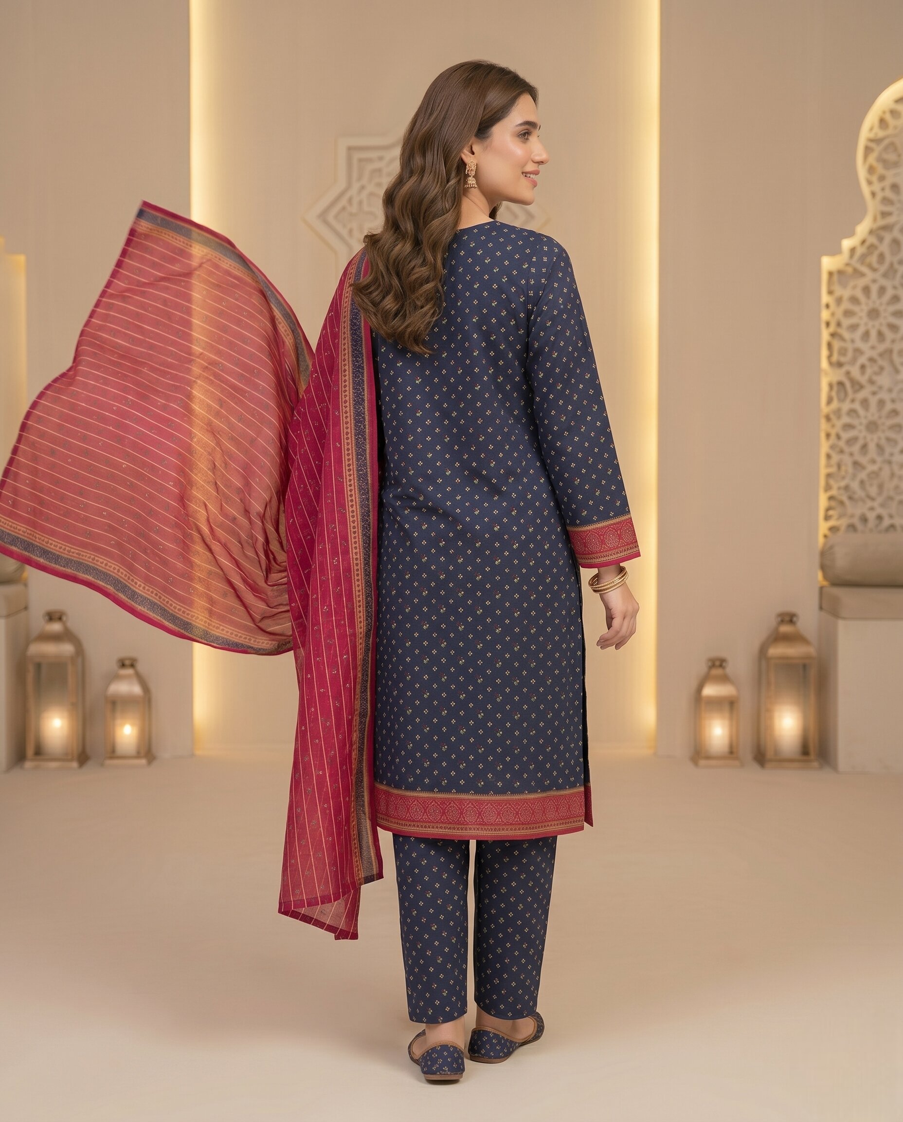Bin Saeed Royal Black & Crimson 3 Piece Printed Lawn Suit 2
