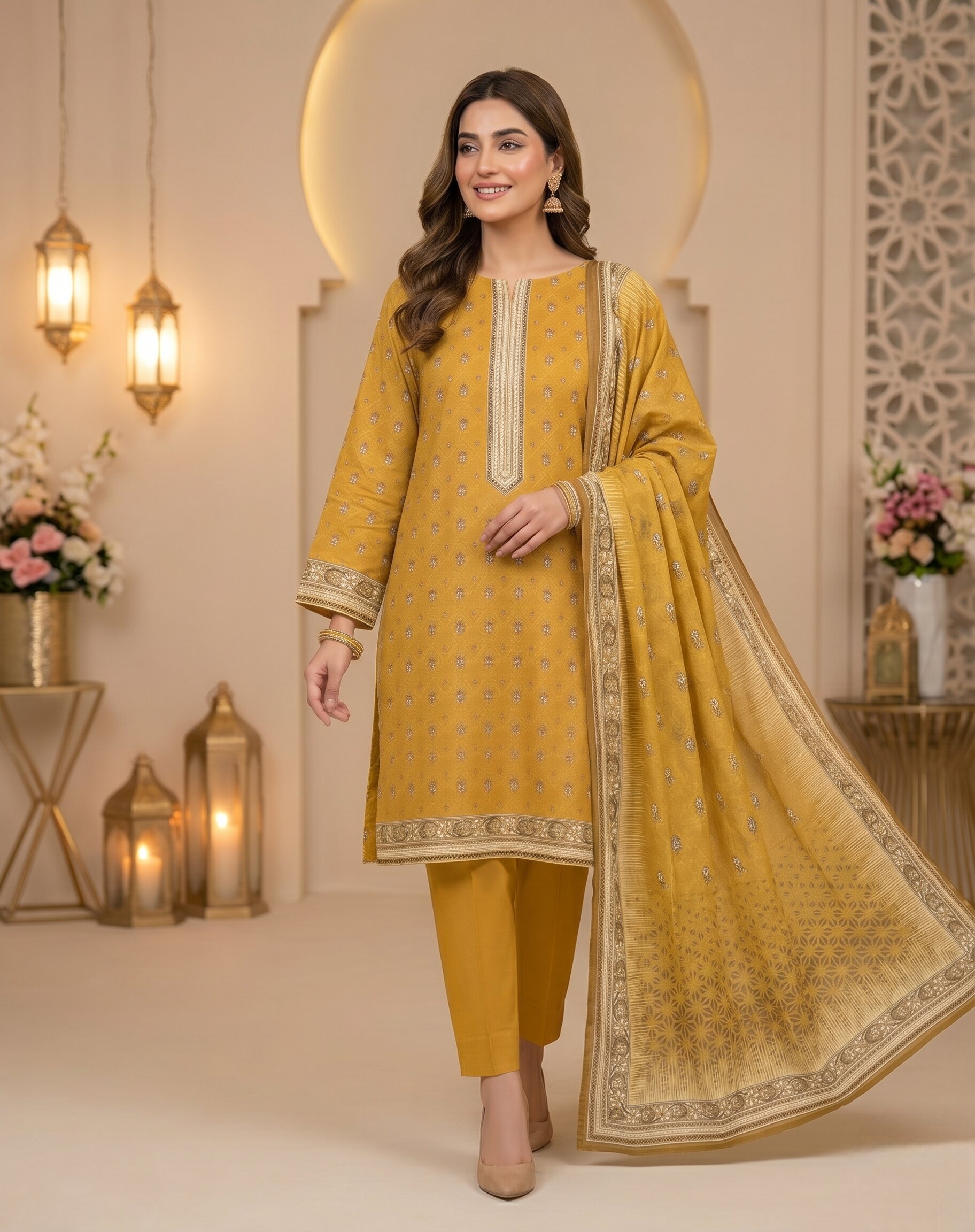 Bin Saeed Mustard Gold 3 Piece Printed Lawn Suit
