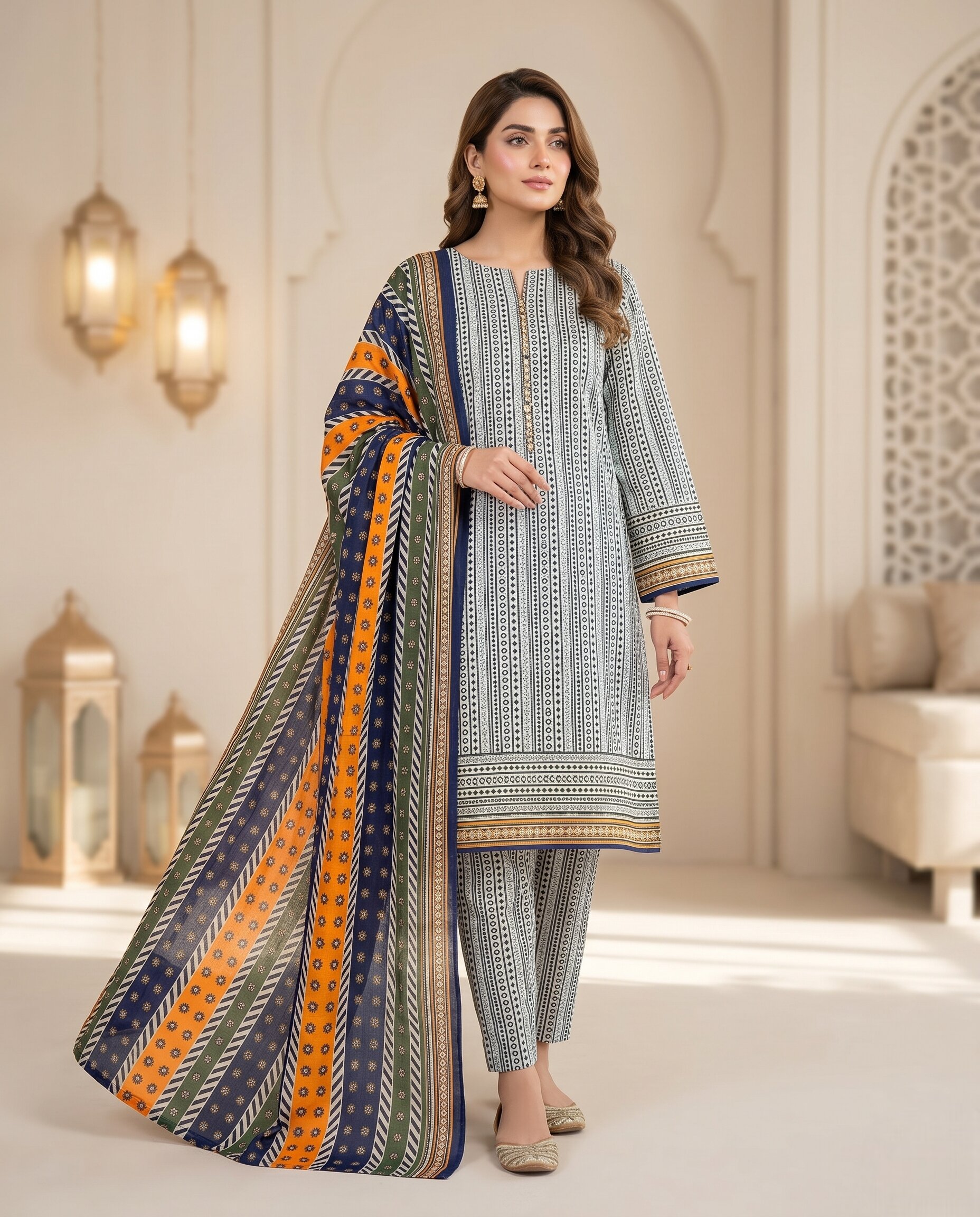 Bin Saeed Black, White & Blue Geometric 3 Piece Lawn Suit
