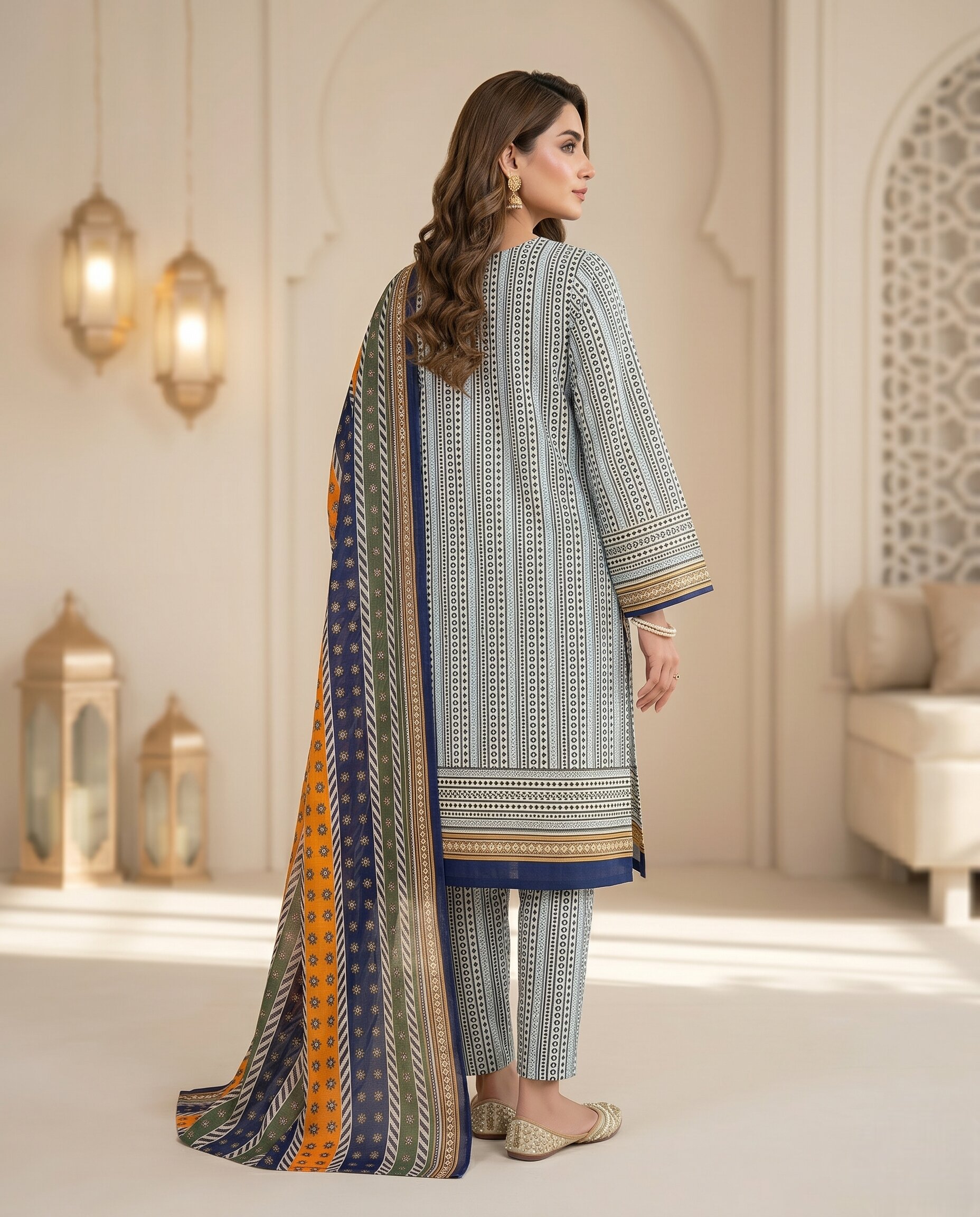 Bin Saeed Black, White & Blue Geometric 3 Piece Lawn Suit 2
