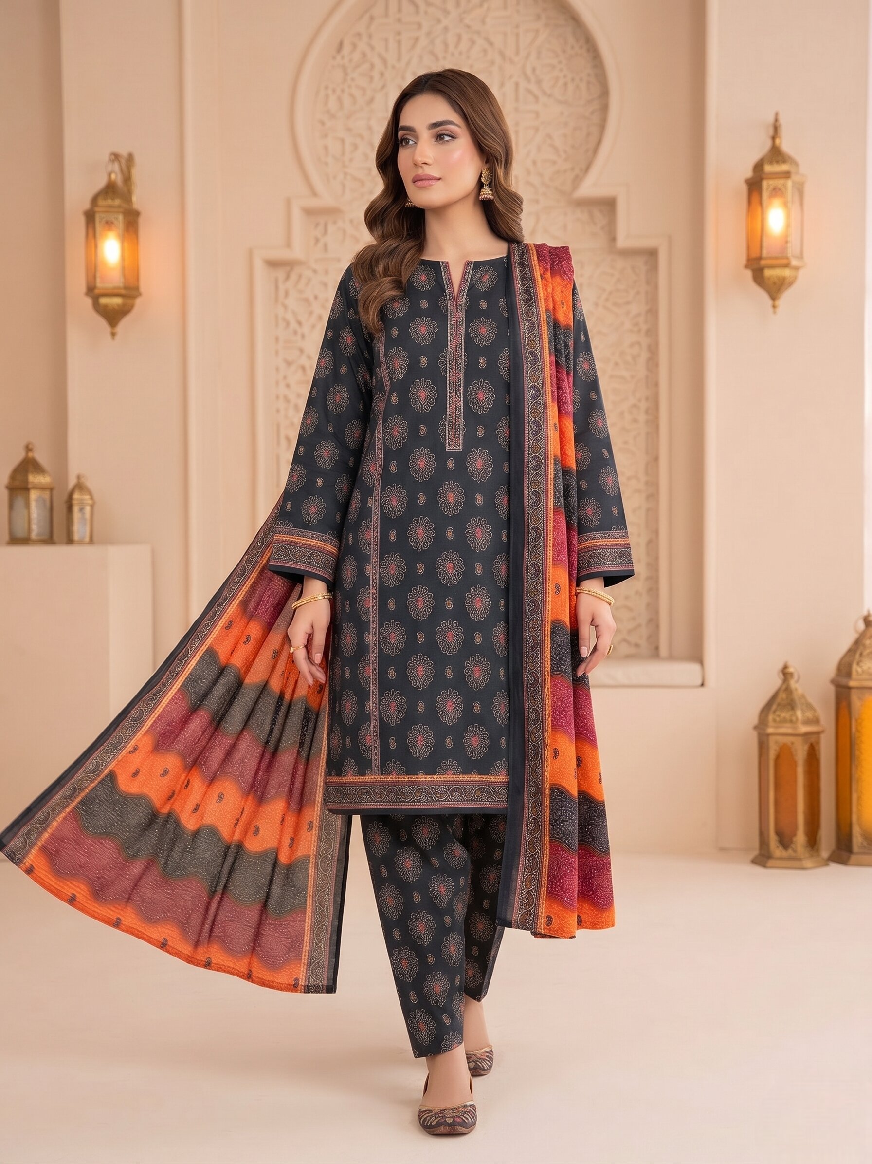 Bin Saeed Black Multicolor 3 Piece Printed Lawn Suit