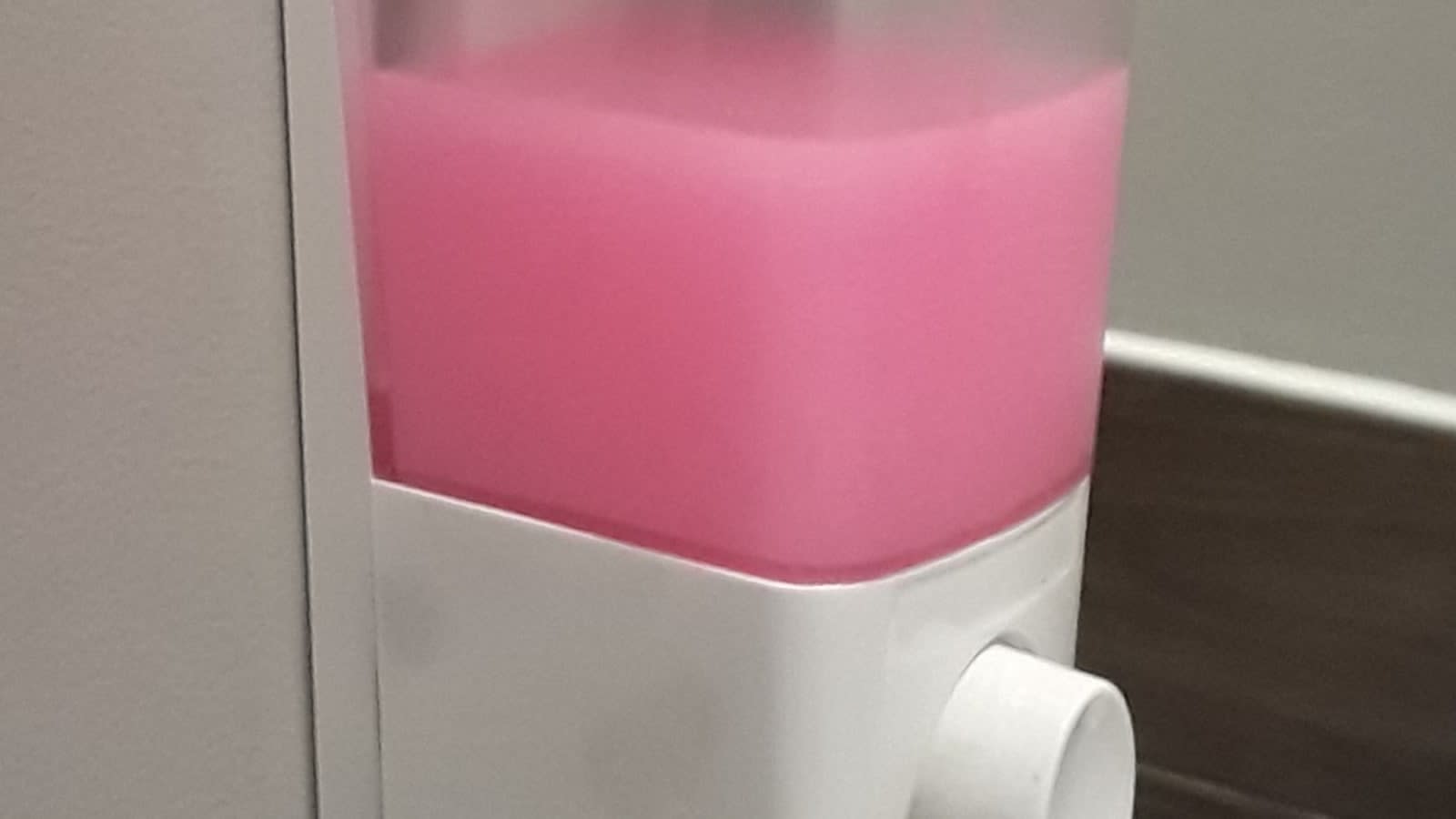 hand soap dispenser on bathroom wall (file image)