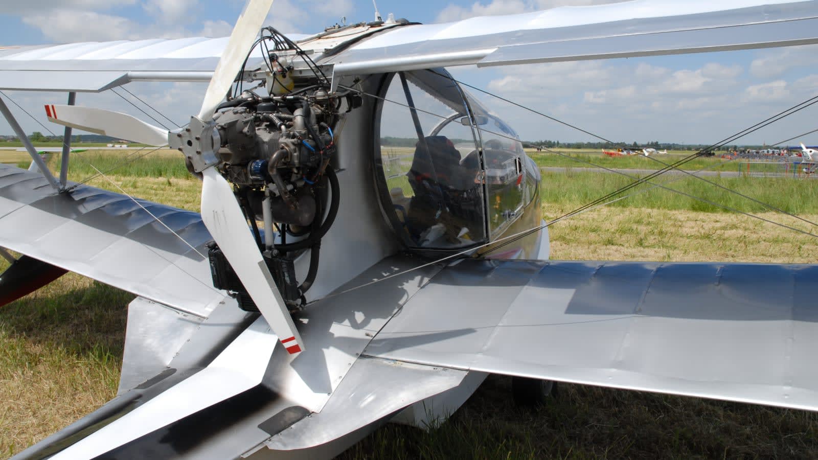 an ultralight micro aircraft flying low over green hills guiding a flock of birds (file image)
